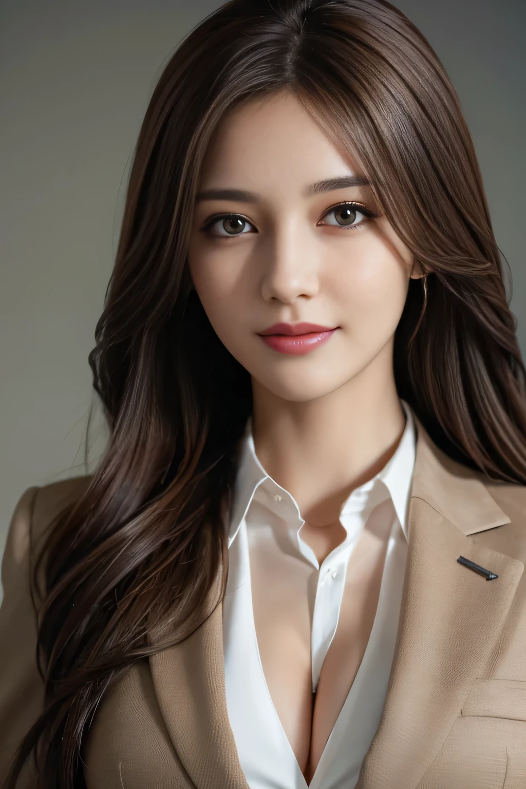 table top, highest quality, realistic, Super detailed, finely, High resolution, 8k wallpaper, 1 beautiful woman,, light brown messy hair, wearing a business suit, sharp focus, perfect dynamic composition, beautiful and detailed eyes, thin hair, Detailed realistic skin texture, smile, close-up portrait, model body shape