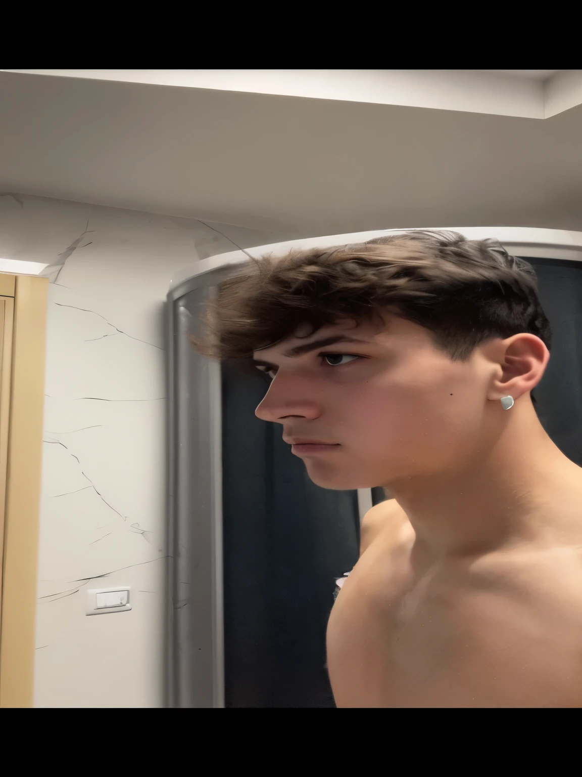 there is a man that is standing in front of a mirror, halfbody headshot, gauged ears, headshot profile picture, clean shaven wide face, 18 years old, twitch streamer / gamer ludwig, looking to the side off camera, slightly defined jawline, short hair on top of his head, tommy 1 6
