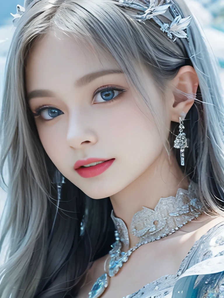 8K、she is a wind fairy、angel wings on the back、blue eyes、Dress that shows your collarbones、blue sky background、close up of face、gray hair、big feathers、Blue and white background、platinum decoration、platinum earrings、platinum necklace、Platinum Silver Hair、platinum silver eyebrows、flashy decoration、Braid、white and blue、smile、clear white skin、well-groomed face、