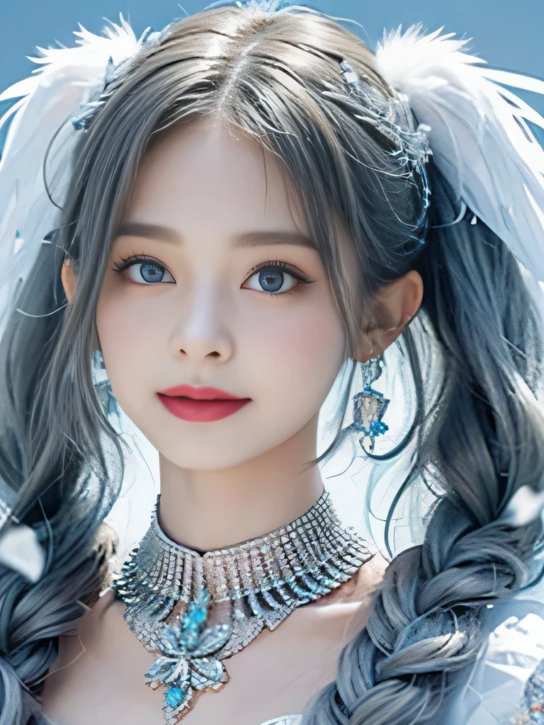 8K、she is a wind fairy、angel wings on the back、blue eyes、Dress that shows your collarbones、blue sky background、close up of face、gray hair、big feathers、Blue and white background、platinum decoration、platinum earrings、platinum necklace、Platinum Silver Hair、platinum silver eyebrows、flashy decoration、Braid、white and blue、smile、clear white skin、well-groomed face、