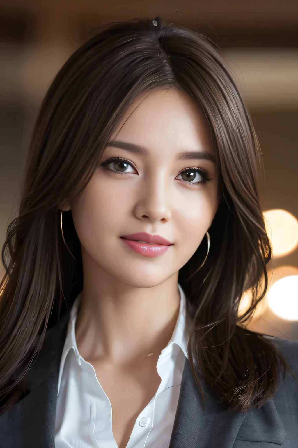 table top, highest quality, realistic, Super detailed, finely, High resolution, 8k wallpaper, 1 beautiful woman,, light brown messy hair, wearing a business suit, sharp focus, perfect dynamic composition, beautiful and detailed eyes, thin hair, Detailed realistic skin texture, smile, close-up portrait, model body shape