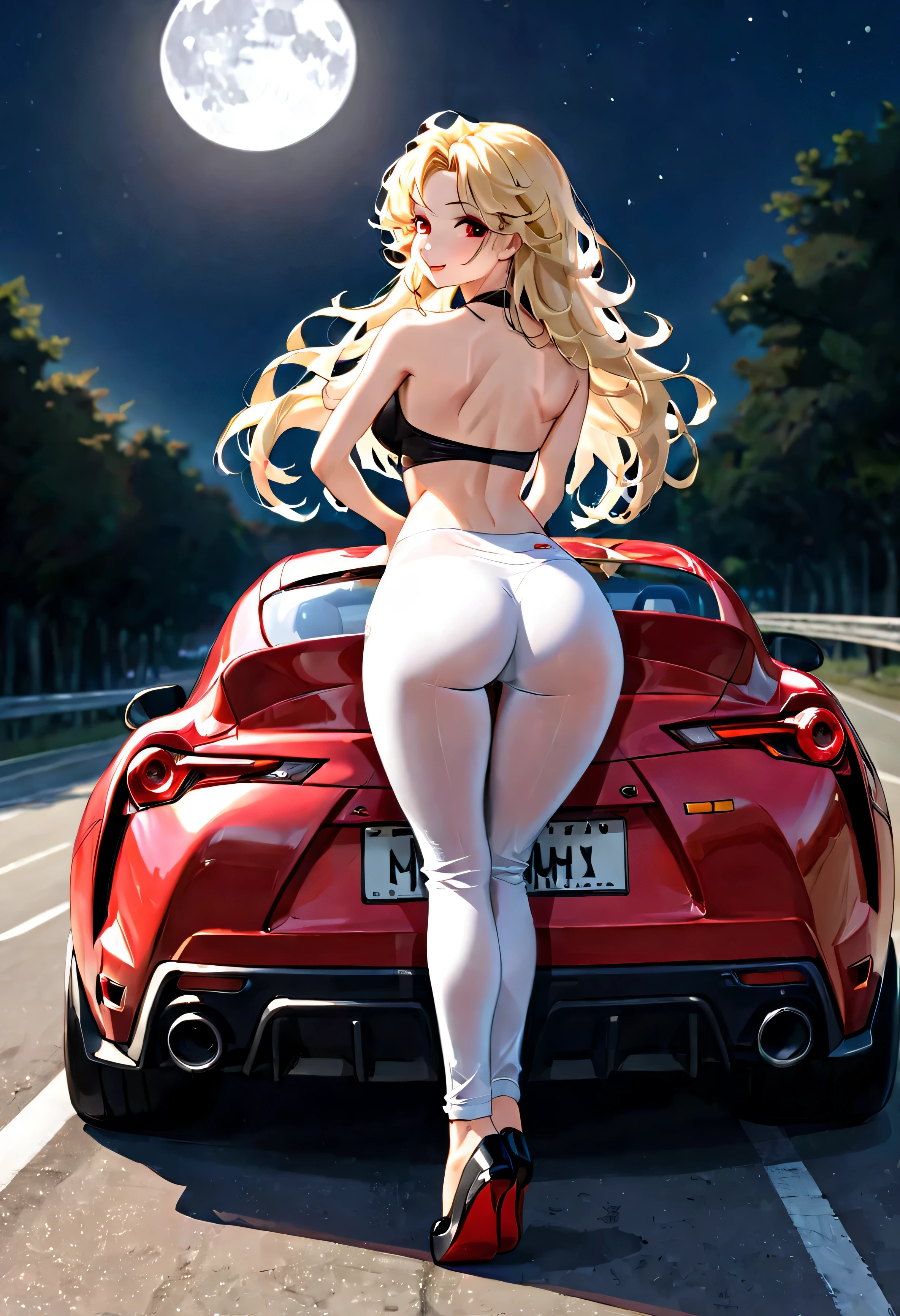 8k high resolution image, realista, primer fotograma ((a red Toyota Supra with black stripe)) ,  1 chica rubia, pelo largo y rizado, pantalones de yoga blancos transparentes, Bombas negras, pose de espaldas en el auto, looking back, mirada lasciva, sonrisa lasciva, exterior, noche, luna, red luna,pose sex from behind