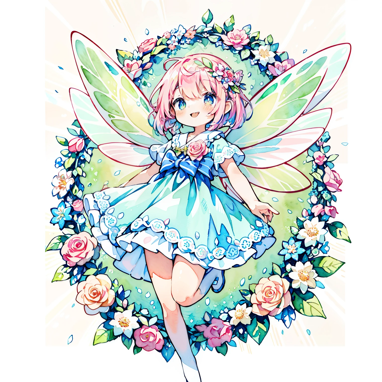 Pastel Watercolor、redhead, 1 girl, (Wearing large transparent fairy wings with polka dots:1.3)、Striking an action pose、braid hair:1.3,
smile with open mouth、Full body Esbian、From the side、beautiful features、brightly colored eyes、Wearing intricate and delicate ornaments、shining aura、shining hair,Illuminated by the morning light、spring wreath、Pale yellow background、Fairy with a bouquet of flowers、Fancy Fairy、jump、floating、Sticking out tongue、(PastelColors:1.3)、(Cute illustration:1.3)、(watercolor paiting:1.1)、detailed pupil、open your mouth and laugh、best quality、highest quality、holding a bouquet of flowers、((Fairy wings made of delicate lace with correct details shine beautifully.:1.8))、((spring flower circle background、Smiling fairy with big fairy wings in pastel colors jumping in front of a spring wreath))、floating in the air、