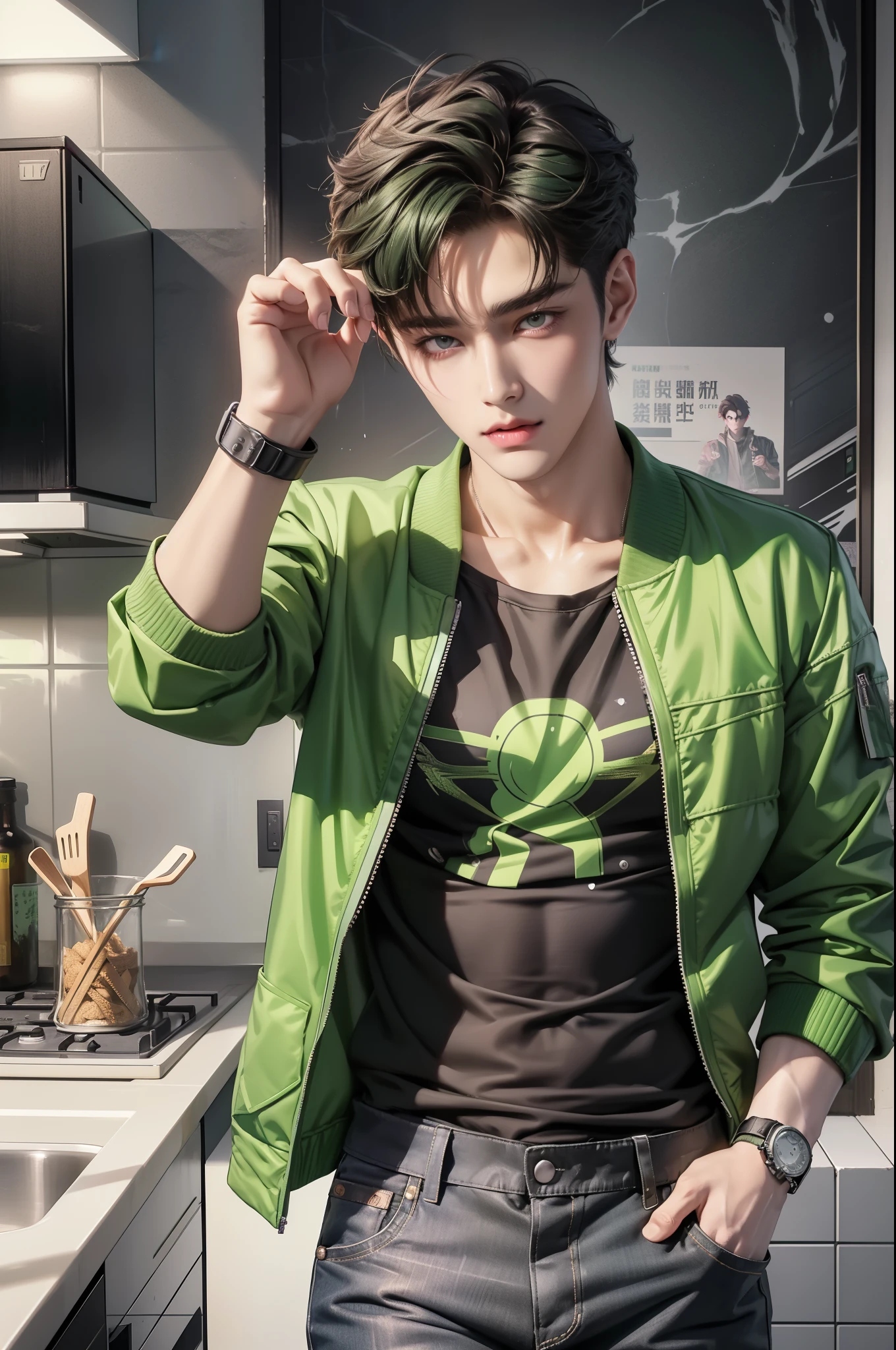 there is a man standing in a kitchen with a green jacket, cai xukun, green colored bomber jacket, inspired by Zhang Han, wearing dark green bomber jacket, male ulzzang, wearing green jacket, yanjun chengt, jinyoung shin, handsome guy in demon slayer art, male anime style, wearing cyberpunk 2 0 7 7 jacket, handsome japanese demon boy