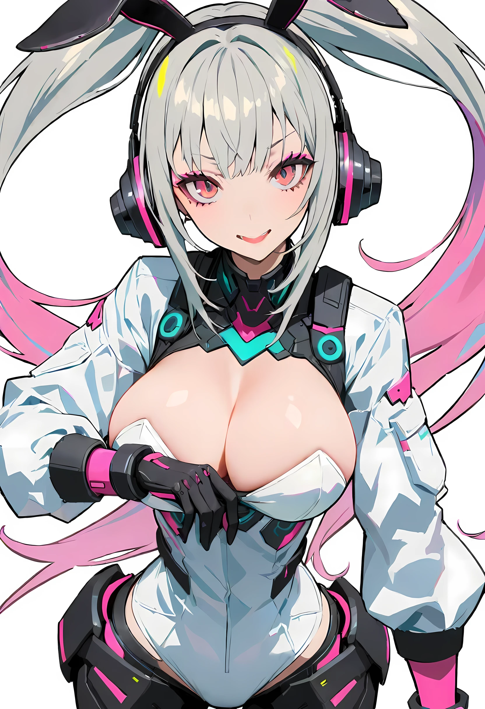 ((best quality)),Robot girl in robot style,white hair,Long ponytail hairstyle,Put on bunny ear-shaped headphones,Wearing a white suit,There are long strips of pink light on the clothes,pink eyes,(black gloves)big breasts, generous breasts, The left hand is a mechanical prosthesis,The main body consists of wires、Pipe connections, ((masterpiece)), (detail:1.4),Beautiful cyberpunk female image