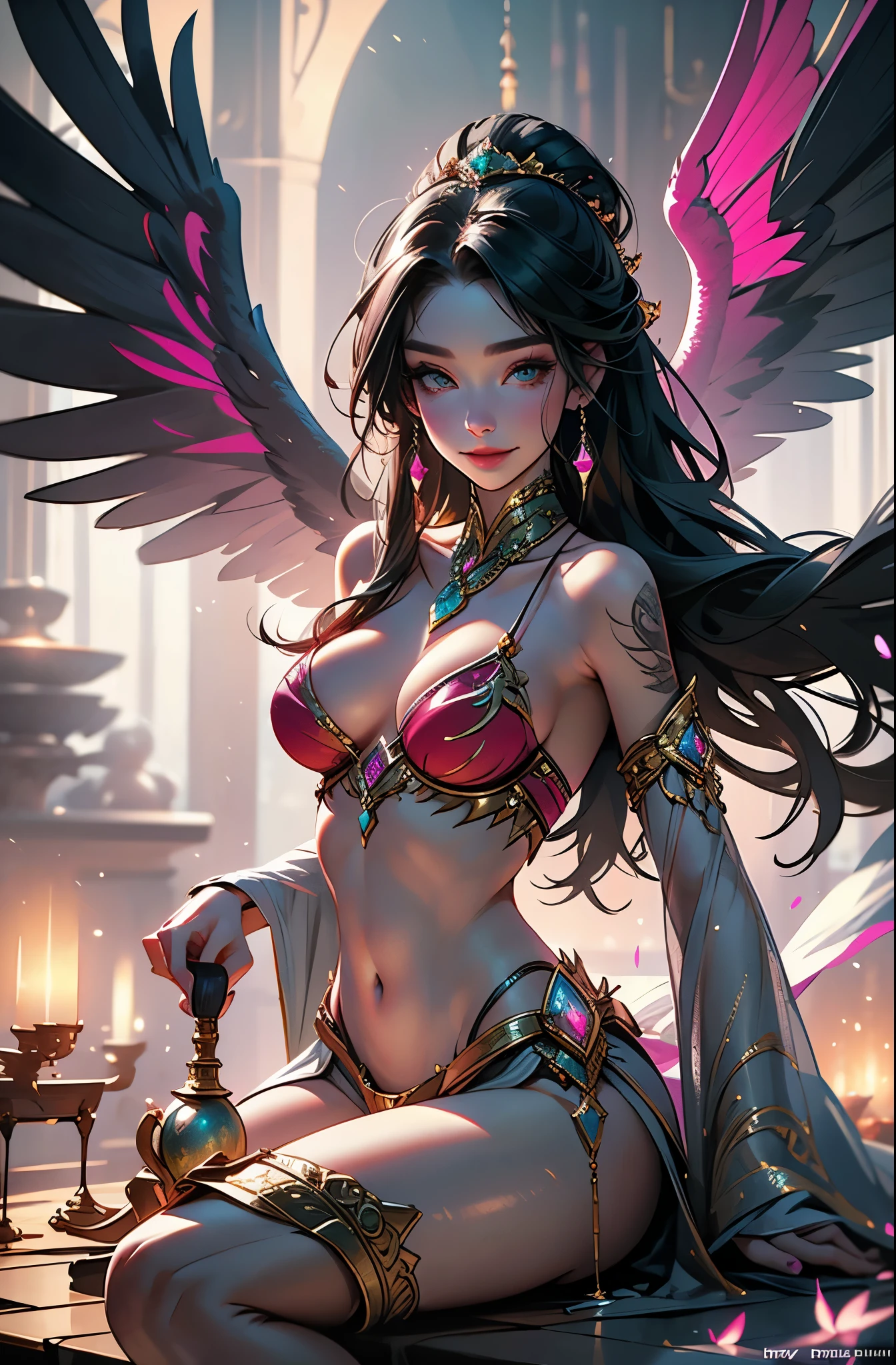 close up portrait of beautiful pink and emerald princess, stunning eagle wings, pretty body, pretty legs, perfect face, Ink, splash art, amazing beauty, wicked smile, brilliant lighting, Asian goddess