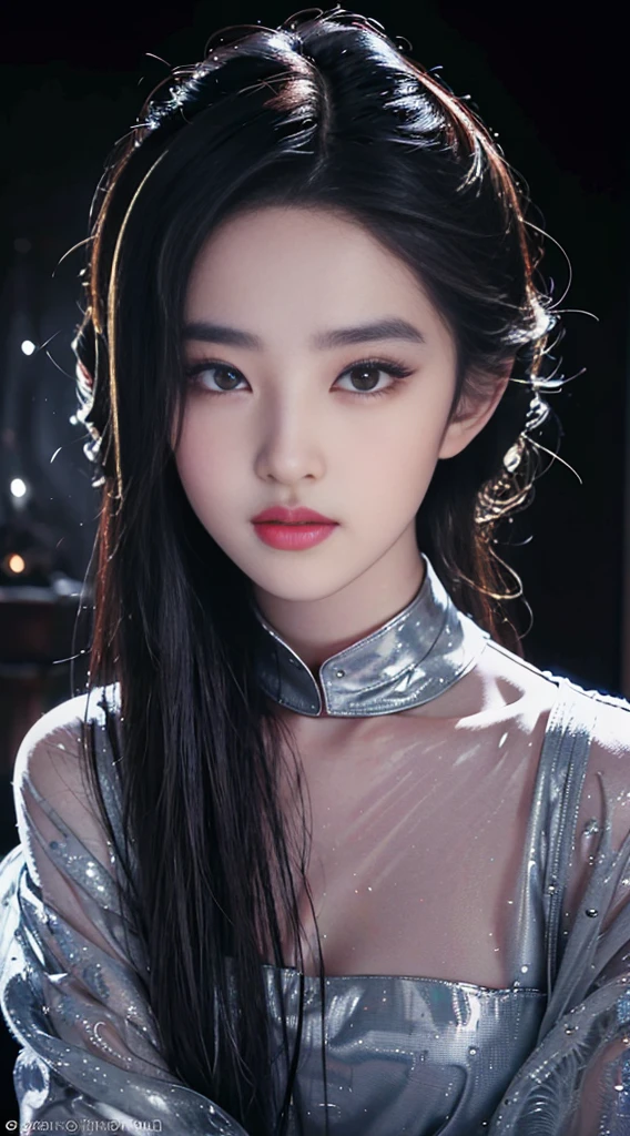 (best quality, 4k, 8k, high resolution, Masterpiece: 1.2), very detailed, (realistically, As realistic as a photo, photo realistic: 1.37), Beautifully detailed eyes, Beautifully detailed lips, ดวงตาและใบหน้าที่very detailed, Long eyelashes, Portrait, Lighting ,Dark, evil smile Sharp focus, warm tones, subtle shadows, contrasting colors, intense stare, flesh, shiny lips, expression, mischief, dark background. horrifying beauty Delicate face, wrinkles, glowing skin ghastly charm ,Stunning light,Subtle highlights,Darkness and mystery,charming,sparkling eyes,evil smile,Glamour,Haunting beauty,mischievousness,intense presence,full-length photograph,Acting like a model