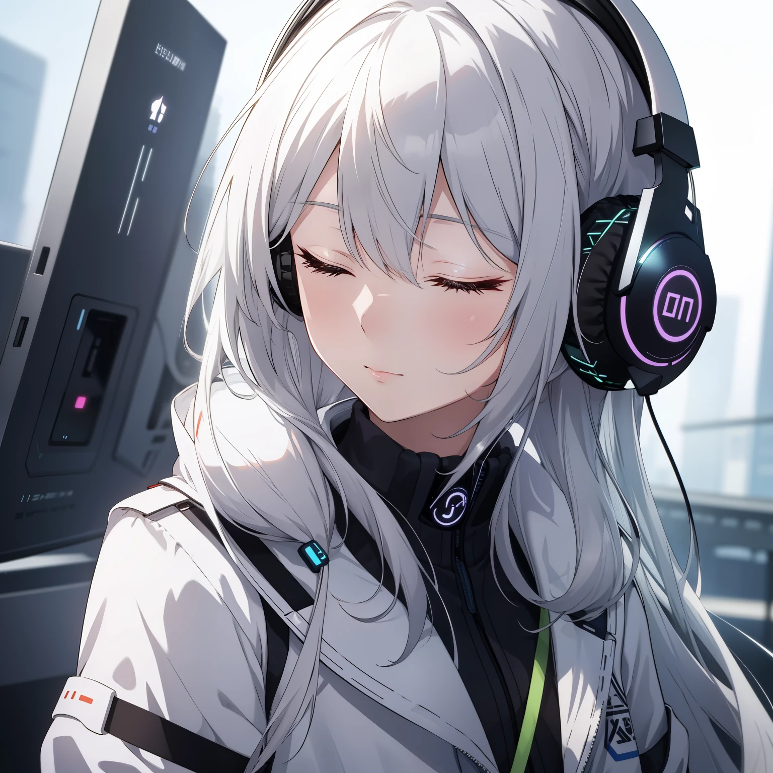 ((Top-quality: 1.3, Detailed: 1.2)) Ai, a young woman with a delicate face, is intently focused on something, her straight long hair cascading down her shoulders. She's wearing a pair of sleek, white headphones 🎧 that cover her ears, framing her slender face. The headphones' cords gracefully drape down her neck, disappearing into the background as the rest of the scene blurs slightly. The headphones' design is intricately detailed, with fine lines and curves emphasizing their modern aesthetic. Ai's expression is peaceful and content, her eyes closed as she immerses herself in the music