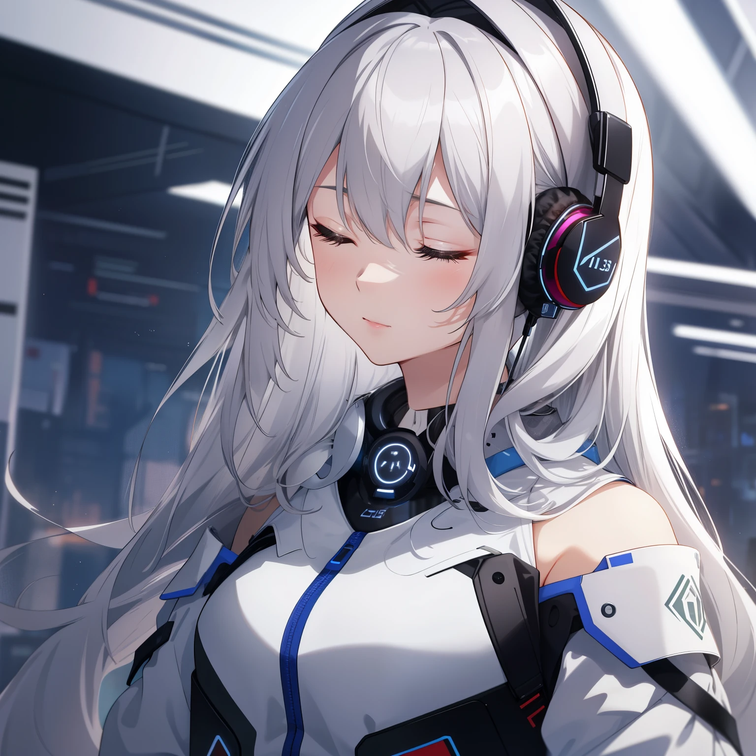 ((Top-quality: 1.3, Detailed: 1.2)) Ai, a young woman with a delicate face, is intently focused on something, her straight long hair cascading down her shoulders. She's wearing a pair of sleek, white headphones 🎧 that cover her ears, framing her slender face. The headphones' cords gracefully drape down her neck, disappearing into the background as the rest of the scene blurs slightly. The headphones' design is intricately detailed, with fine lines and curves emphasizing their modern aesthetic. Ai's expression is peaceful and content, her eyes closed as she immerses herself in the music