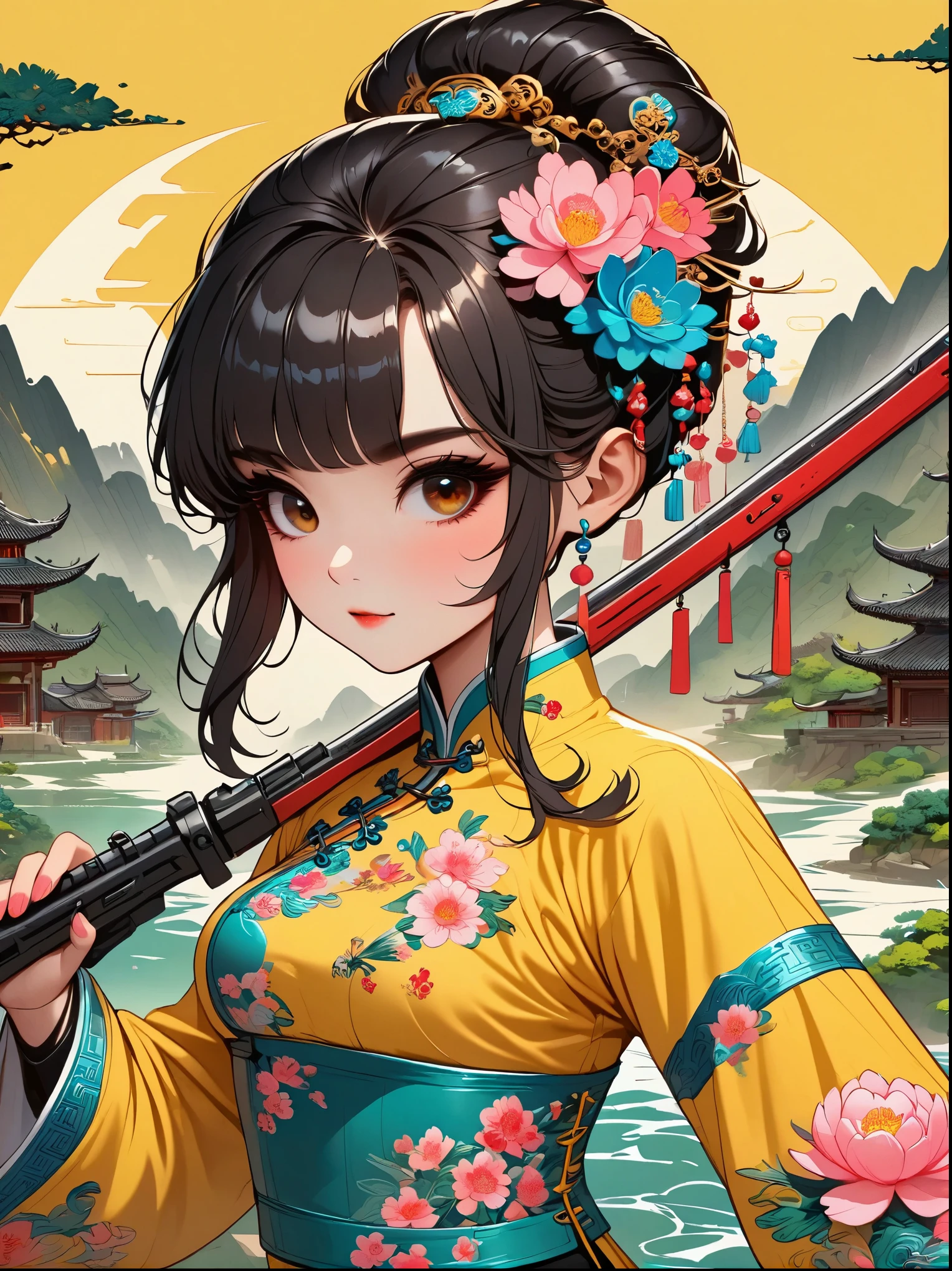 Beautiful cyberpunk girl wearing black cheongsam with robotic arms and legs with floral pattern holding electric rifle standing under cherry blossom tree with pink flowers, yellow background, empty mountain motorcycle style oil painting, close-up portrait, Futuristic style, cyberpunk, high details