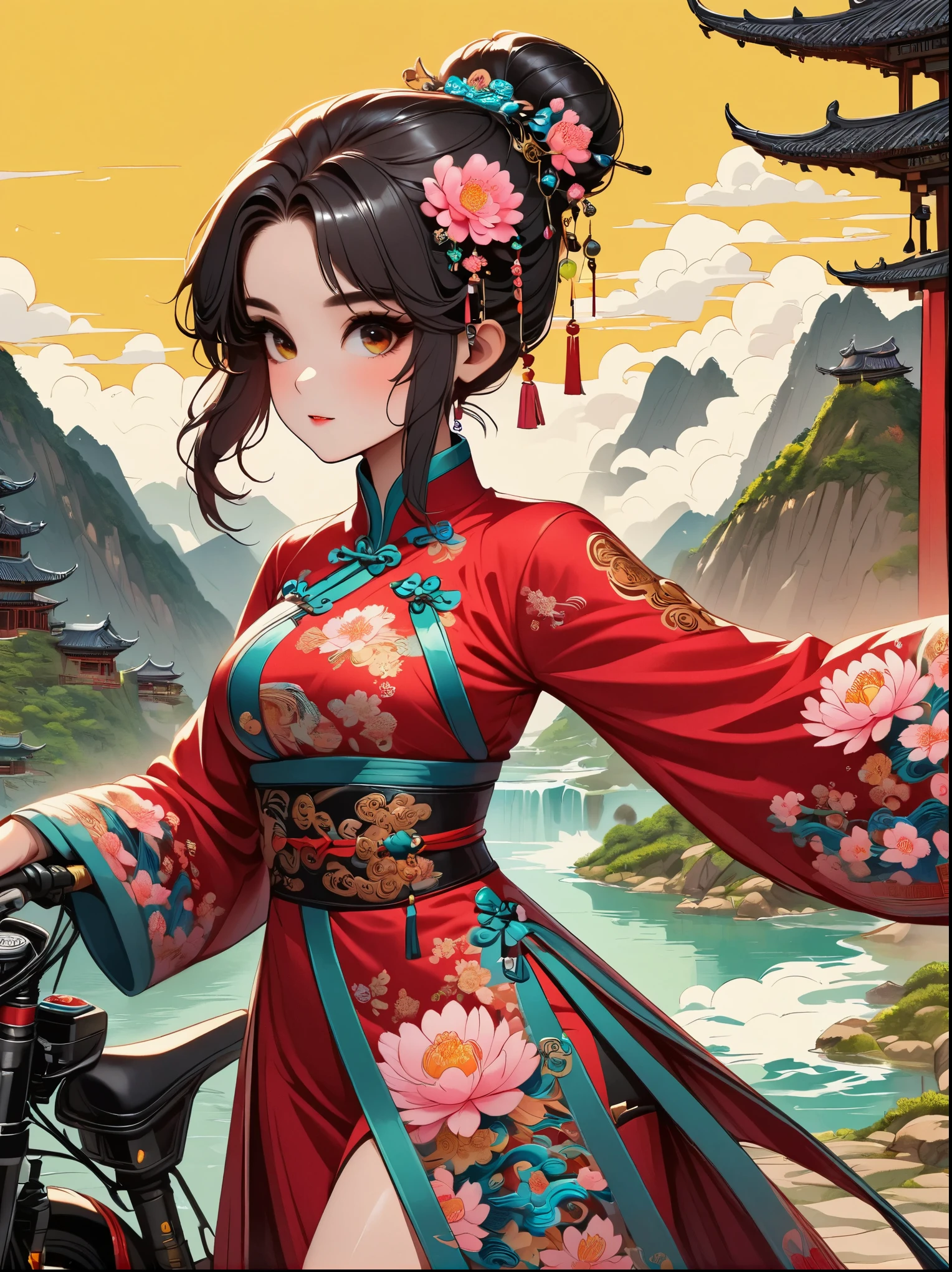 Beautiful cyberpunk girl wearing black cheongsam with robotic arms and legs with floral pattern holding electric rifle standing under cherry blossom tree with pink flowers, yellow background, empty mountain motorcycle style oil painting, close-up portrait, Futuristic style, cyberpunk, high details