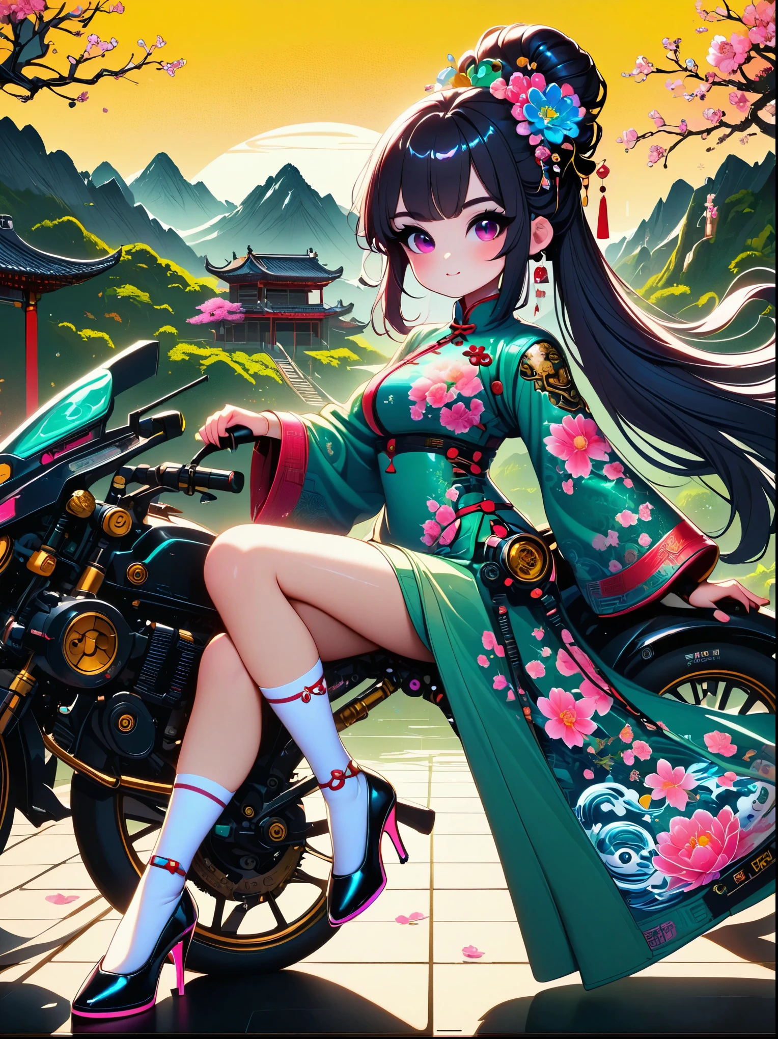 ((Long shot)),((whole body)), Beautiful cyberpunk girl wearing black cheongsam with robotic arms and legs with floral pattern holding electric rifle standing under cherry blossom tree with pink flowers, (white socks,mechanical ceramic high heels:1.5),yellow background, empty mountain motorcycle style oil painting, close-up portrait, Futuristic style, cyberpunk, high details