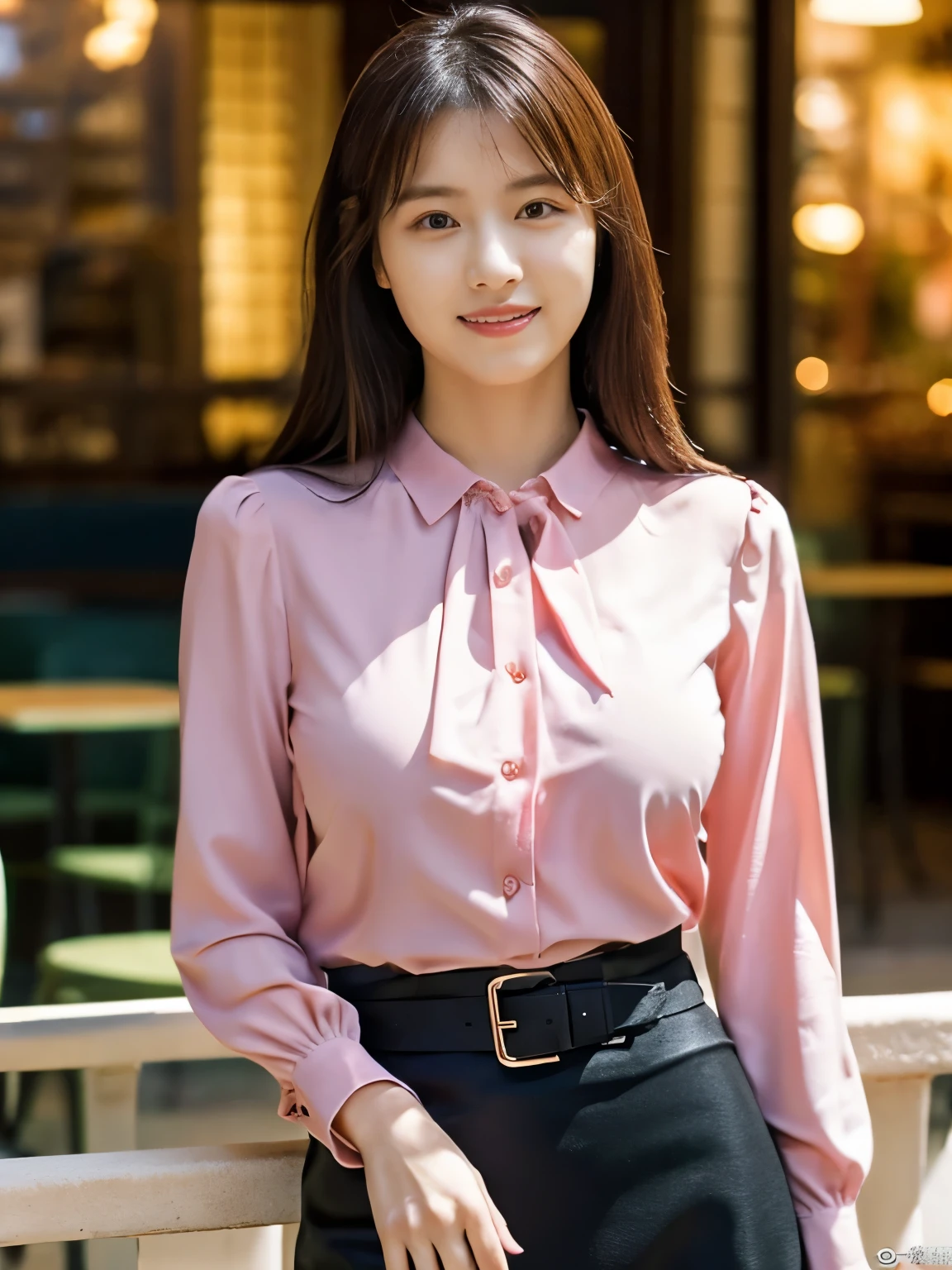 1 girl, (wearing a pink blouse:1.2), black short skirt, beautiful japanese actress, (RAW photo, highest quality), (realistic, Photoreal:1.4), masterpiece, very delicate and beautiful, very detailed, 2K wallpaper, wonderful, finely, very detailed CG Unity 8K 壁紙, Super detailed, High resolution, soft light, beautiful detailed girl, very detailed目と顔, beautifully detailed nose, beautiful and detailed eyes, Long hair, cinematic lighting, break, (Against the backdrop of a outside the cafe terrace 1.3), city lights, perfect anatomy, slender body, smile, Face the front completely, (look at the camera), (waist shot), (emphasize big breasts), full body shot,