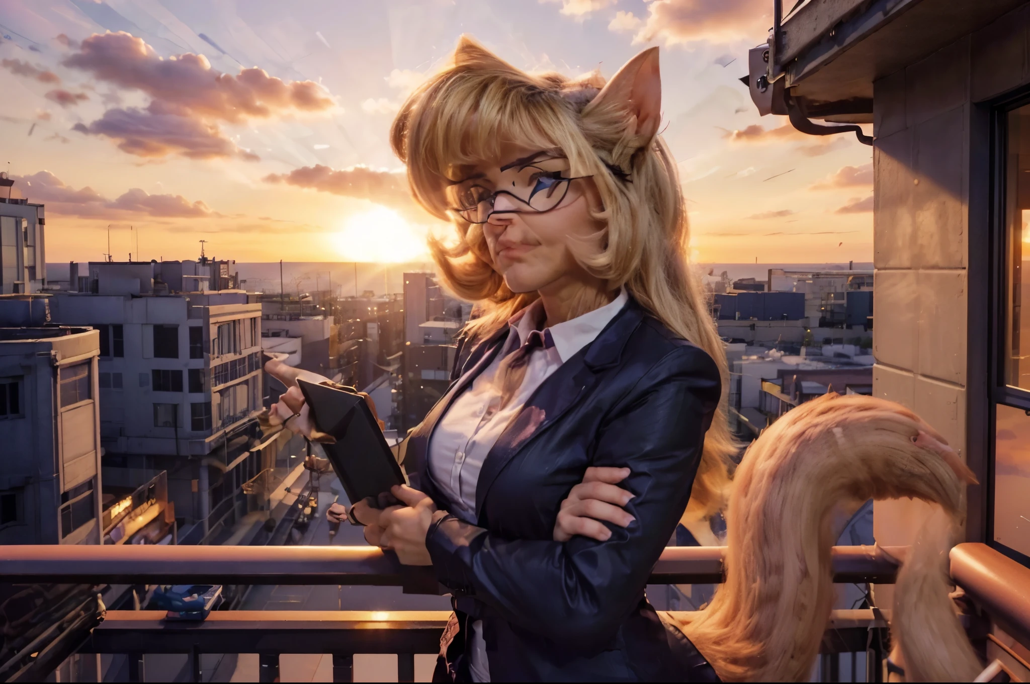 ((Callie Briggs on a office balcony at sunset)), masterpiece, best, photo realistic, hyper realistic anthro female cat lieutenant mayor, swat kats,  (anthropomorphic cat in a business suit)