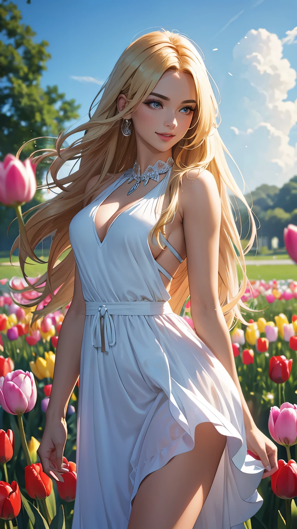 (best quality,ultra-detailed,photo-realistic:1.37),bright and vibrant colors,studio lighting,playful expression,stylish makeup,long blonde hair flowing in the wind,alluring eyes,glossy lips,sexy pose, Tulips, smiling in a confident and seductive way,posing for a professional photoshoot,shallow depth of field,highlighting the main subject,soft natural lighting,creating a dreamy and magical atmosphere.