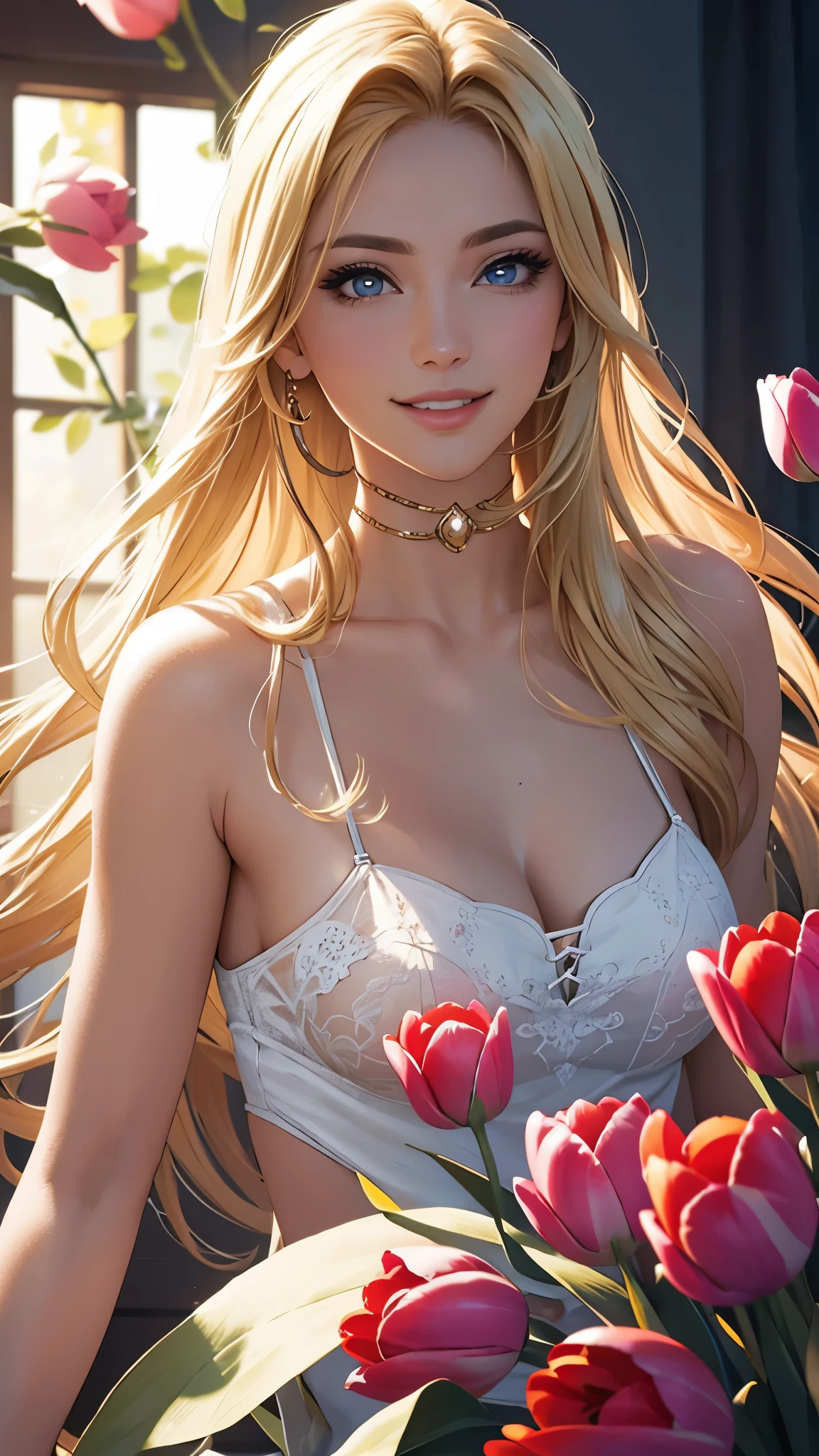 (best quality,ultra-detailed,photo-realistic:1.37),bright and vibrant colors,studio lighting,playful expression,stylish makeup,long blonde hair flowing in the wind,alluring eyes,glossy lips,sexy pose, Tulips, smiling in a confident and seductive way,posing for a professional photoshoot,shallow depth of field,highlighting the main subject,soft natural lighting,creating a dreamy and magical atmosphere.