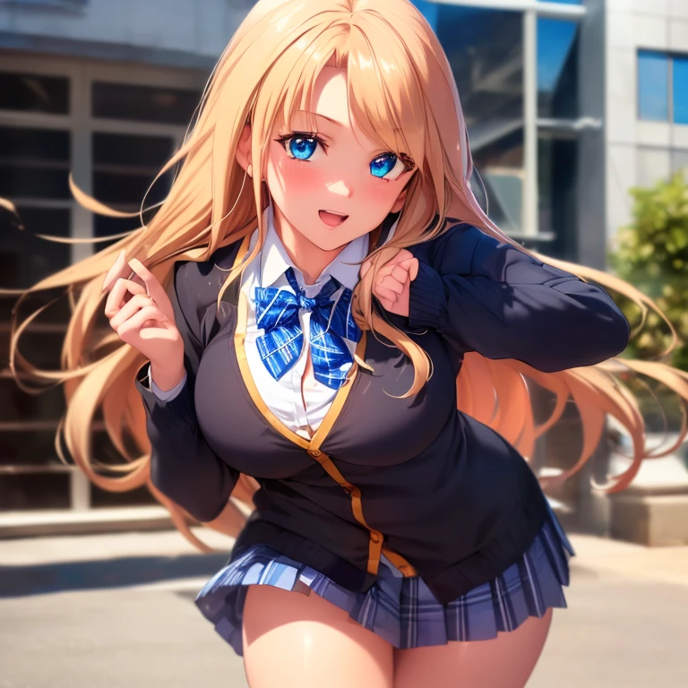 ((masterpiece, best quality, highres, UHD, perfect pixel, depth of field, 4k, RTX, HDR)), 1girl, single, solo, beautiful anime girl, beautiful artstyle, anime character, ((long hair, parted bangs, brown hair with blonde highlights)), (blue:1.4, rounded eyes, beautiful eyelashes, realistic eyes), (detailed face, blushing:1.2), (smooth texture:0.75, realistic texture:0.65, photorealistic:1.2, anime CG style), medium breasts, (dynamic angle, dynamic pose:1.4, looking to viewer), black panties, perfect body, busty, ((JK , plaid skirts, neck bowtie, cardigan)), smile, open mouth, leaning forward, school