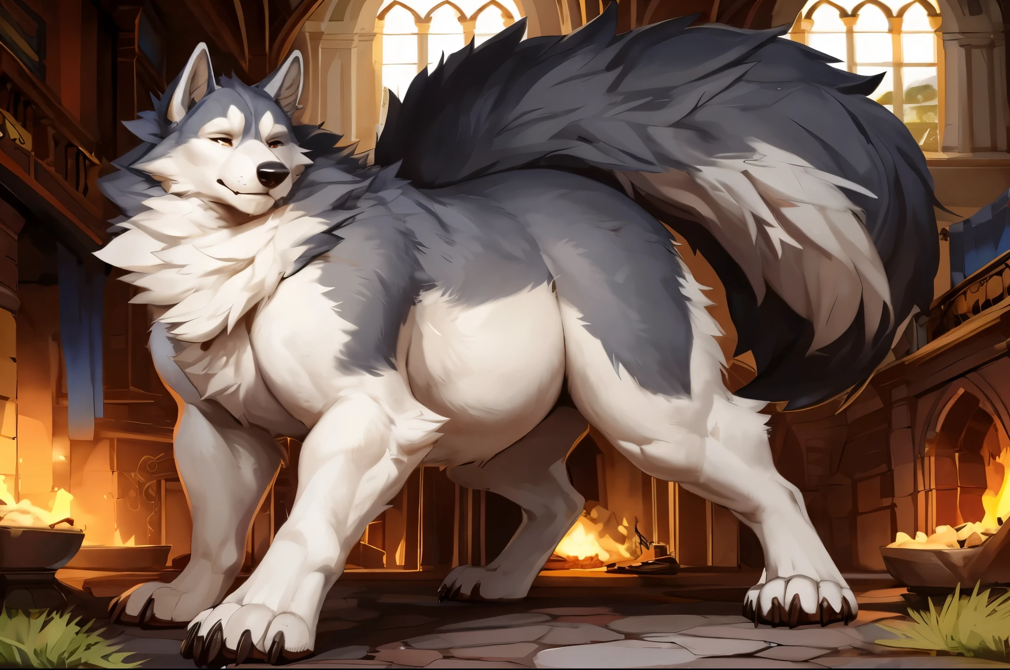 ultra-detailed, masterpiece, masterwork, high quality, best quality, hdr, posted on e621, (by darkgem, by zaahrich), (nature, night, hot spring), nsfw, (male), solo, (white little body werewolf), werewolf, (long silver hair, yellow eyes, white chubby body), stylish pose, dynamic angle, (nude, long foreskin, littlepenis, perfect balls, wet body)