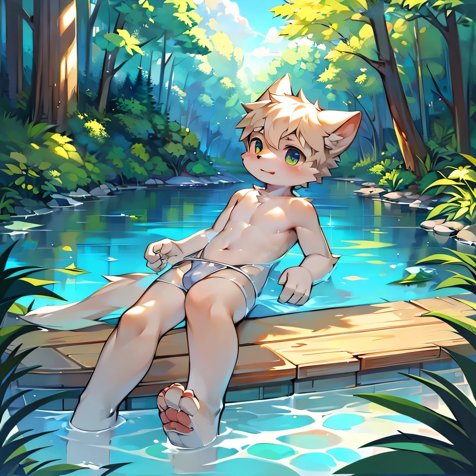 hairy,Shota,swim,(best quality),(masterpiece),Wear only transparent thongs,no shirt,no coat,lying in water