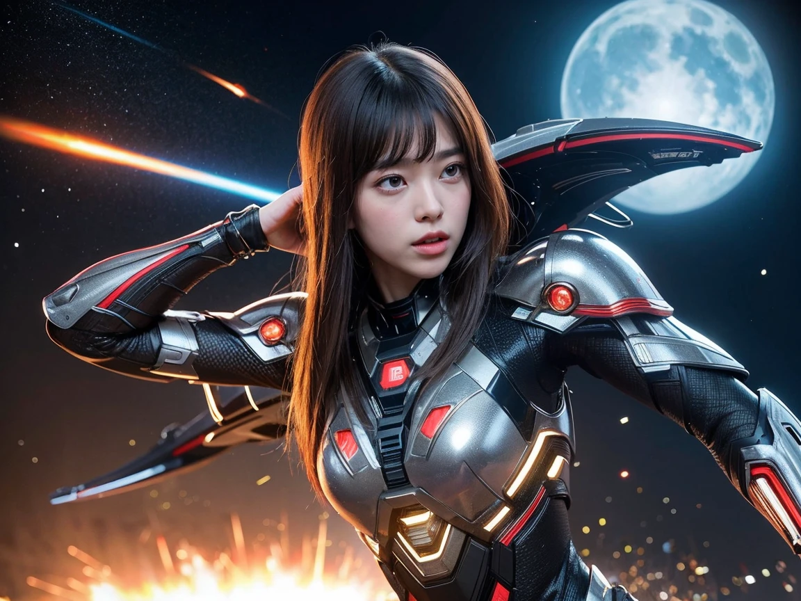 (RAW Photos, Highest quality), (Realistic, Realistic:1.3), 1 Girl、Realisticbody、Red light combat suit、Meteor warrior flying from space、Fighting the reptilian aliens、Laser reflection diffusion、Small Shield、Planetary explosion、Robot Soldier