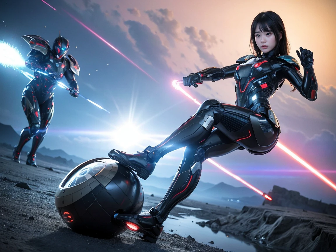 (Raw photo, highest quality), (realistic, Photoreal:1.3), 1 girl、realisticbody、Japanese battle suit costume、Meteor shower coming from space、Battle against reptilian aliens、shield and ray gun、smile