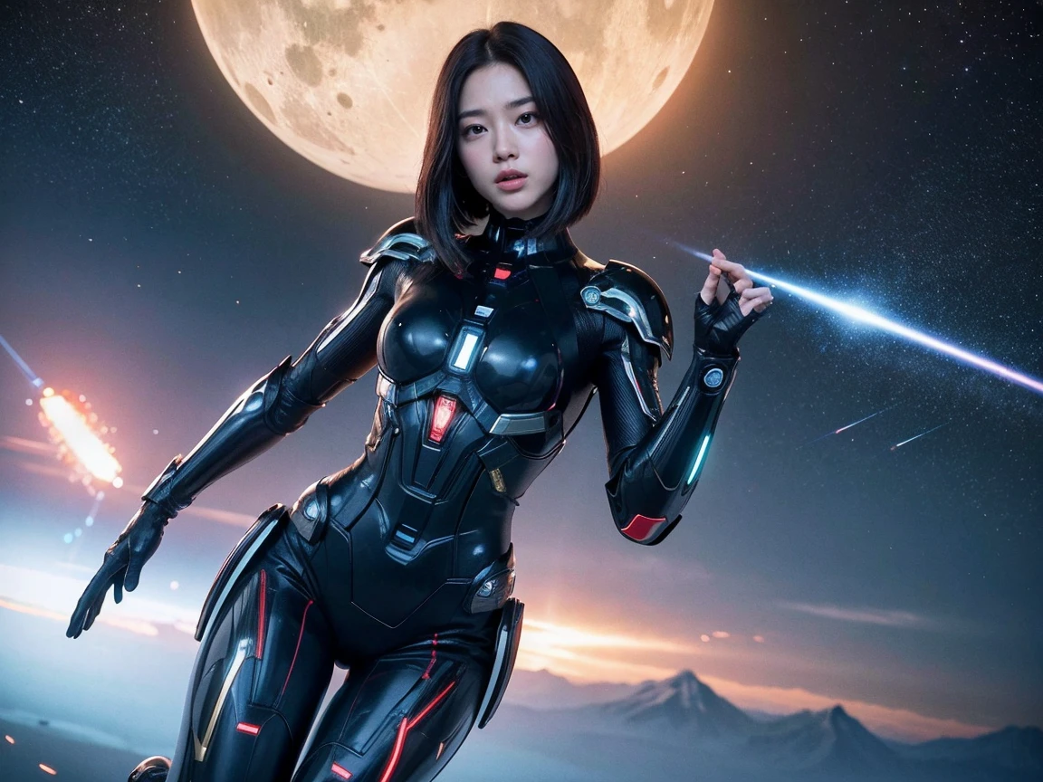(Raw photo, highest quality), (realistic, Photoreal:1.3), 1 girl、realisticbody、Japanese battle suit costume、Meteor shower coming from space、Battle against reptilian aliens、shield and ray gun、smile