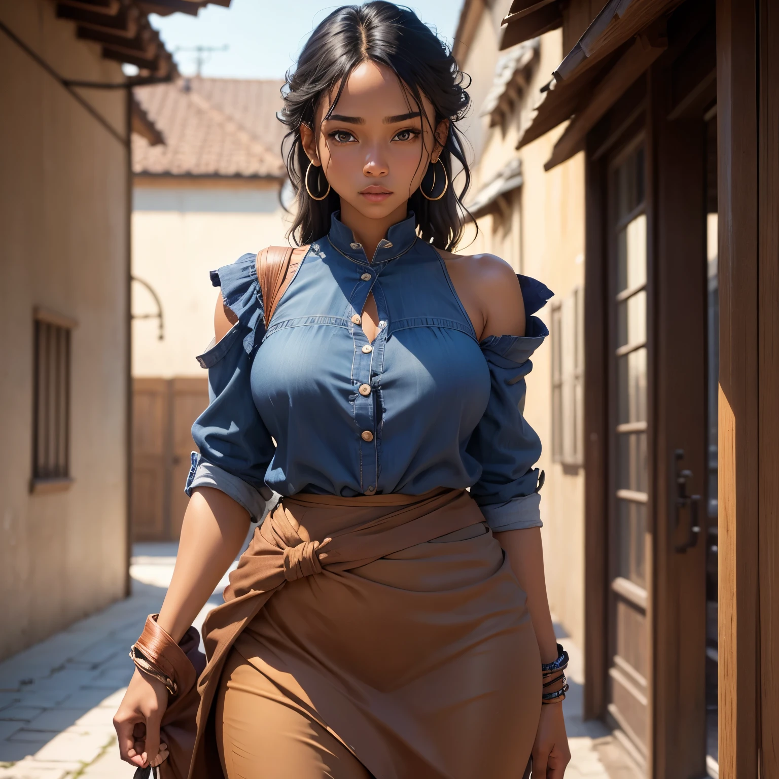 8k, masterpiece, best quality, realistic, higly detailed, cowboy shot, 1woman, solo, Erathis, attractive, short-statured, tied straight black hair, brown skin, light blue almond-shaped eyes, metallic earrings, lean, athletic, slender, very flexible, modest bust size, chill and relaxed expression, monk, brown skin, monk, clothed, brown skin, clothed, clothed, clothed, clothed, clothed, blue hue clothes, blue hue clothes, blue hue clothes, blue hue clothes, full clothed, blue clothes, blue clothes, tied hair, blue clothes, tied hair, blue clothes, tied hair,