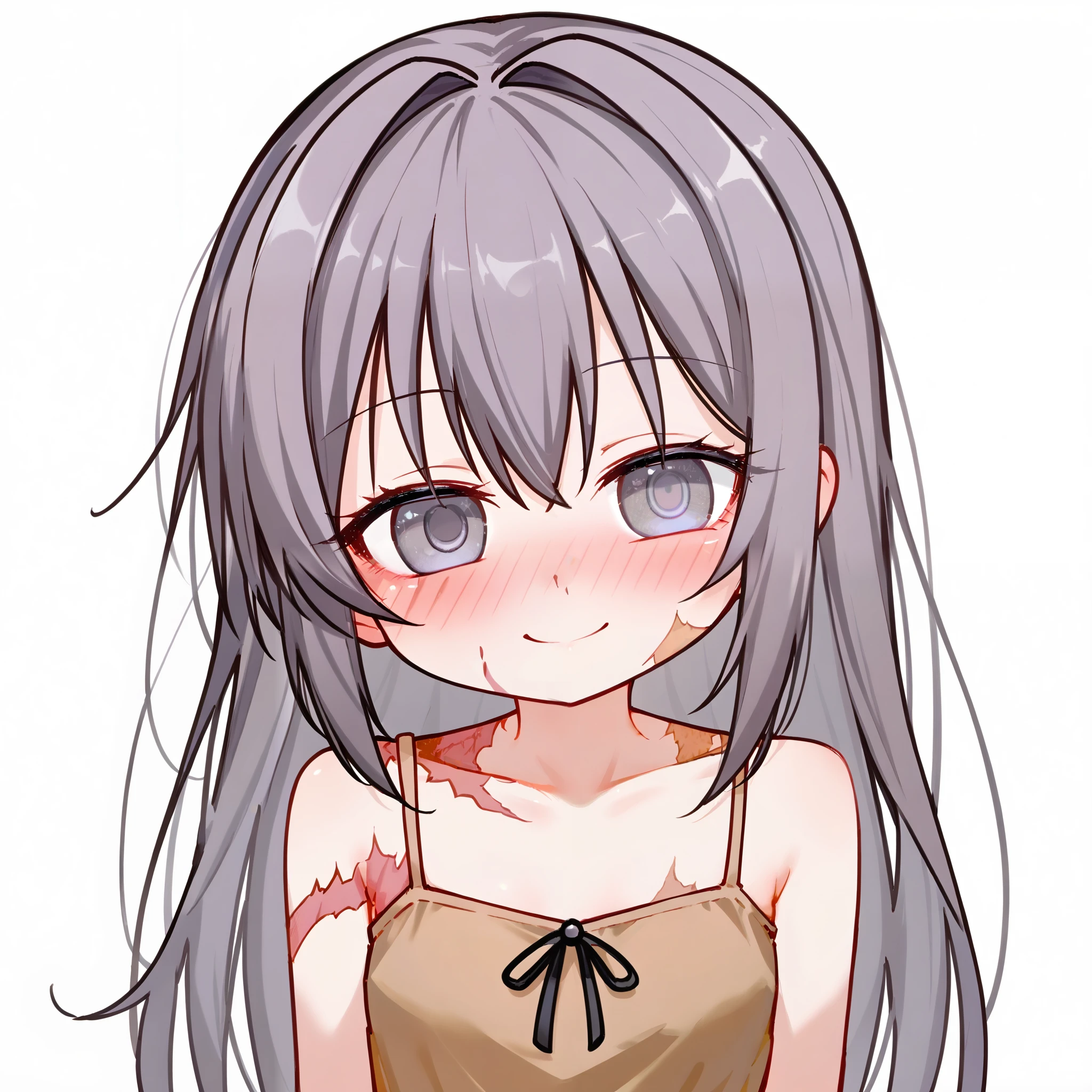 (masterpiece, best quality, absurdres), source_anime, (score_9, score_8_up, score_7_up, score_6_up, score_5_up, score_4_up), chibi avatar, 1girl, solo, small breasts, dark gray hair, long hair, gray eyes, scars, burn scars, small smile, cute smile, blushing, head tilt, watery eyes, brown dress, sundress, upper body, portrait, white background, simple background