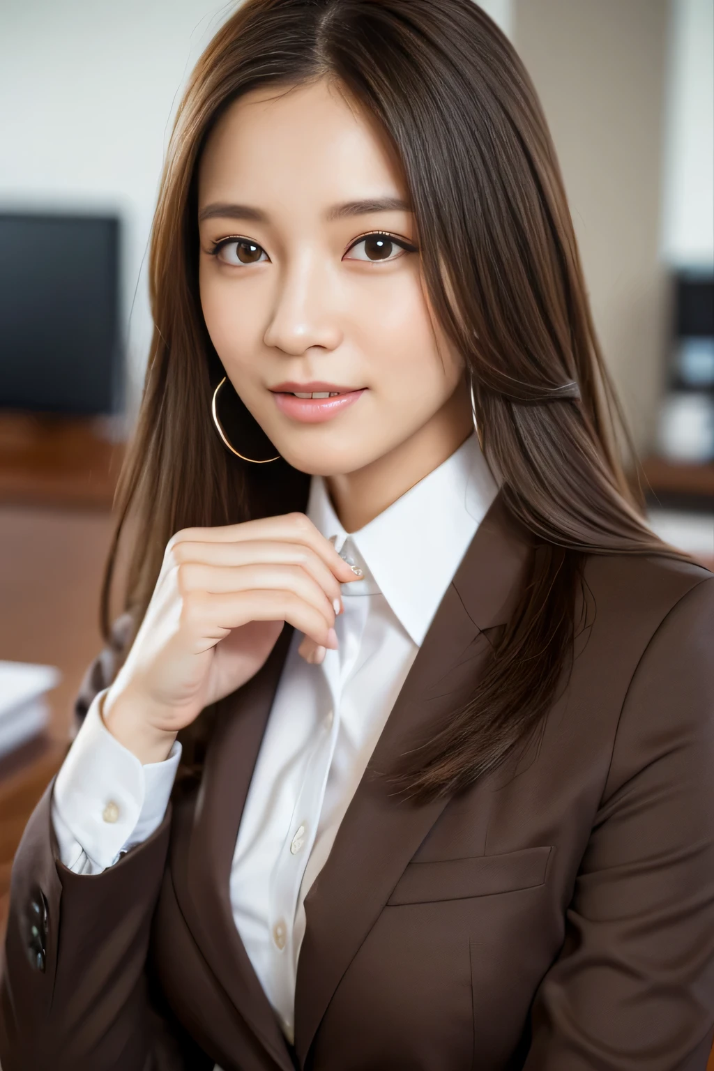 table top, highest quality, realistic, Super detailed, finely, High resolution, 8k wallpaper, 1 beautiful woman,, light brown messy hair, wearing a business suit, sharp focus, perfect dynamic composition, finelyて美しい目, thin hair, Detailed and realistic skin texture, smile,  model body shape、beautiful leggings for the office