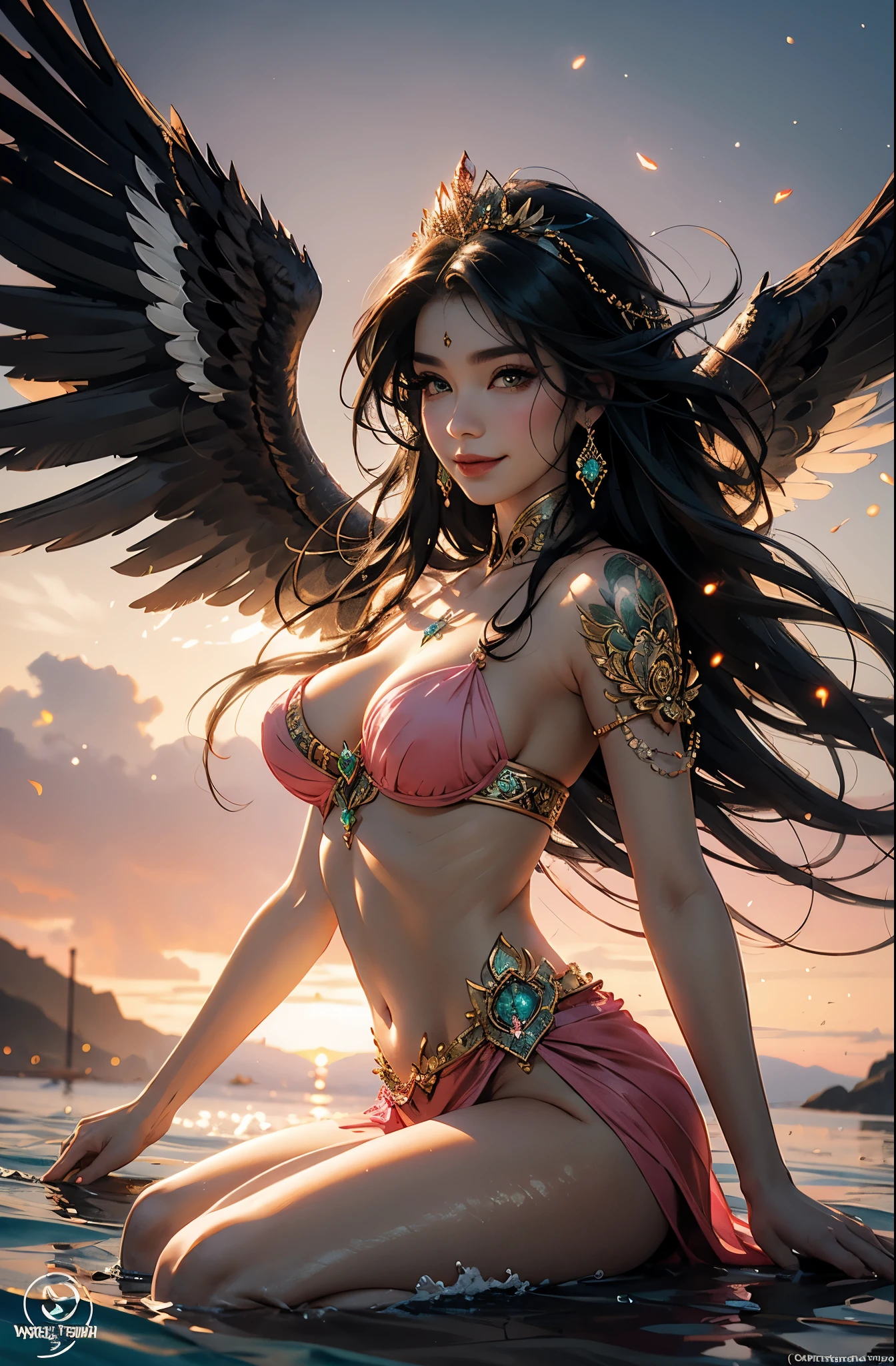 close up portrait of beautiful pink and emerald princess, stunning eagle wings, pretty body, pretty legs, perfect face, Ink, splash art, amazing beauty, wicked smile, brilliant lighting, Asian goddess