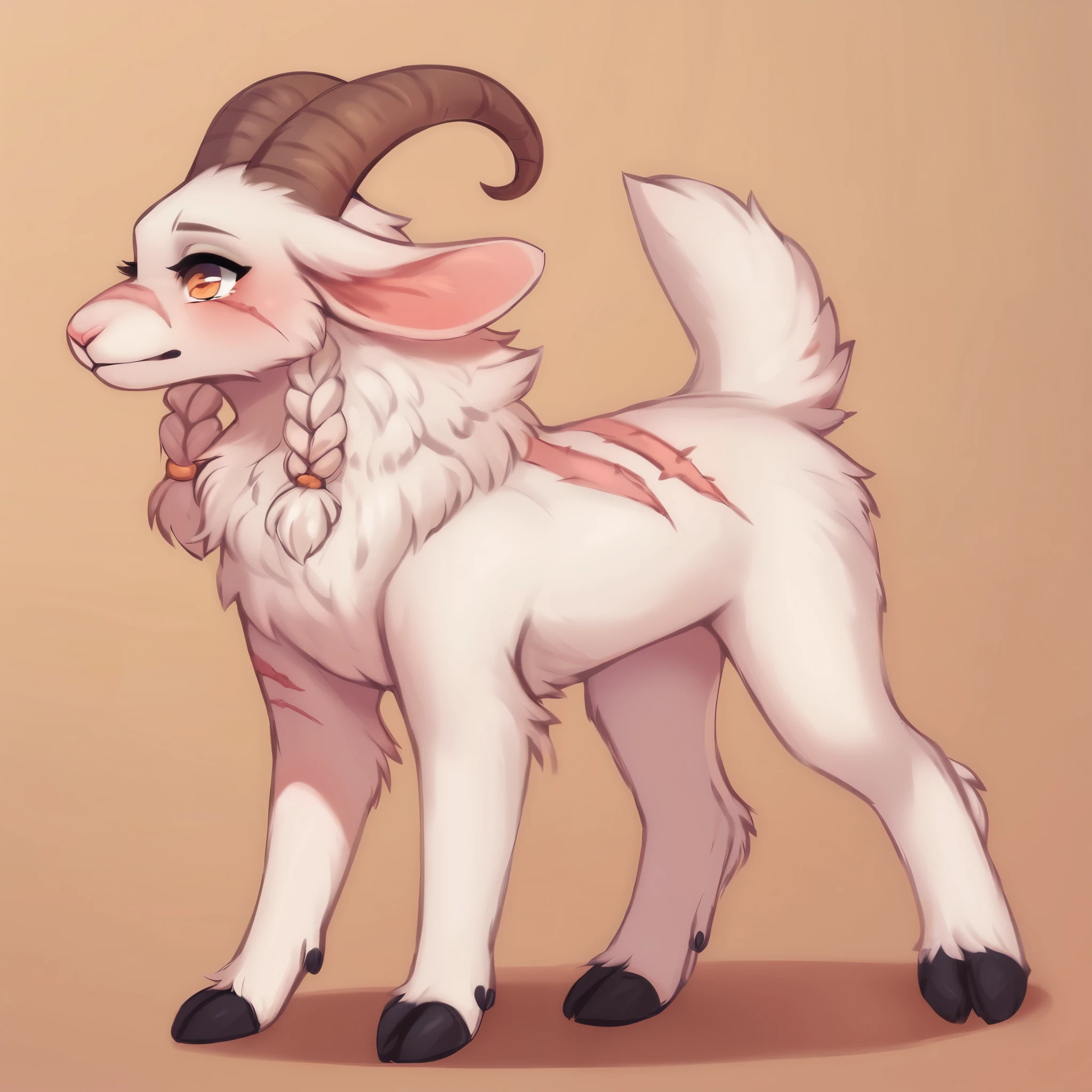 score_9, score_8_up, score_7_up, score_6_up, score_5_up, score_4_up, show accurate, full body, simple background, feral goat, female goat, white fur, albino fur, single color fur, age goat, adorable face, goat horns, goat pupil, golden eyes, shy look, look slightly terrified, mane covering the neck, small braids in her hair and mane, standing on all fours, scars all body, X-shaped scar on the cheek,