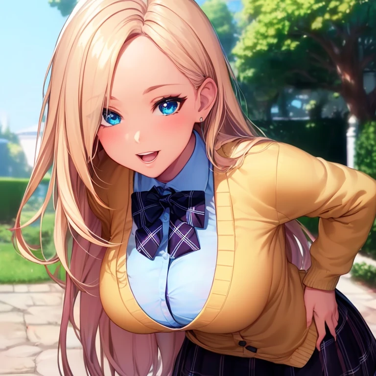 ((masterpiece, best quality, highres, UHD, perfect pixel, depth of field, 4k, RTX, HDR)), 1girl, single, solo, beautiful anime girl, beautiful artstyle, anime character, ((long hair, parted bangs, brown hair with blonde highlights)), (blue:1.4, rounded eyes, beautiful eyelashes, realistic eyes), (detailed face, blushing:1.2), (smooth texture:0.75, realistic texture:0.65, photorealistic:1.2, anime CG style), medium breasts, (dynamic angle, dynamic pose:1.4, looking to viewer), black panties, perfect body, busty, neckline ((JK , plaid skirts, neck bowtie, cardigan)), smile, open mouth, leaning forward, in a garden with flowers