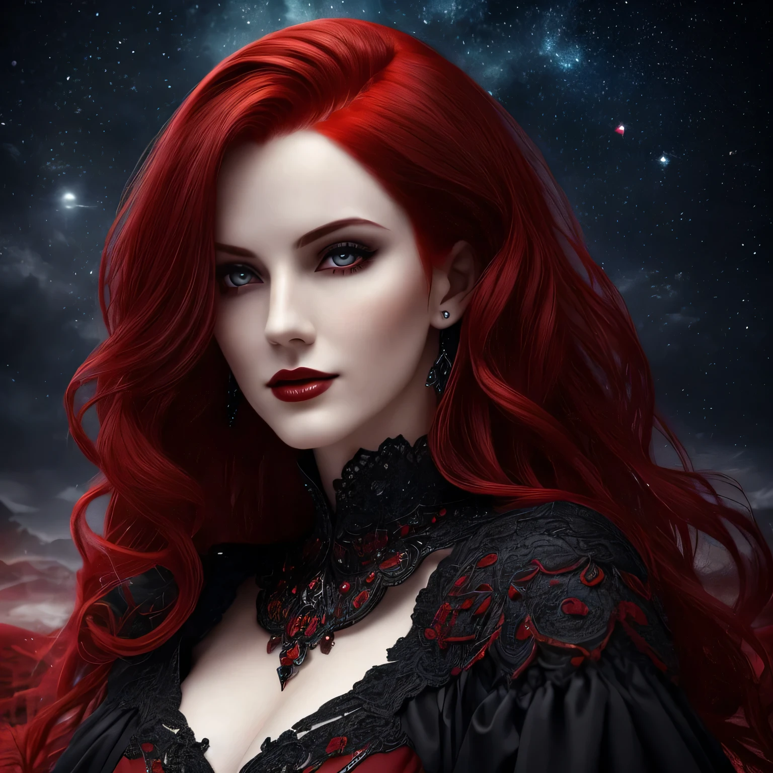 portrait shot, ((vivid red hair)), mature woman, 30 years old, diamond face, moonlight, red starry sky background, depth of field, magic, big red lips, ((dark black eyes)) black and red long and full dress, covered chest, mystical atmosphere, ominous shadows, Intense blue aura, Intense red aura (best quality:1.2), absurdres, intricate details, (highly detailed skin:1.2), smile expression, posing, taut and well defined body, attractive. Highly realistic, pale skin, beautiful, hyperrealism, skin very elaborated, direct gaze
