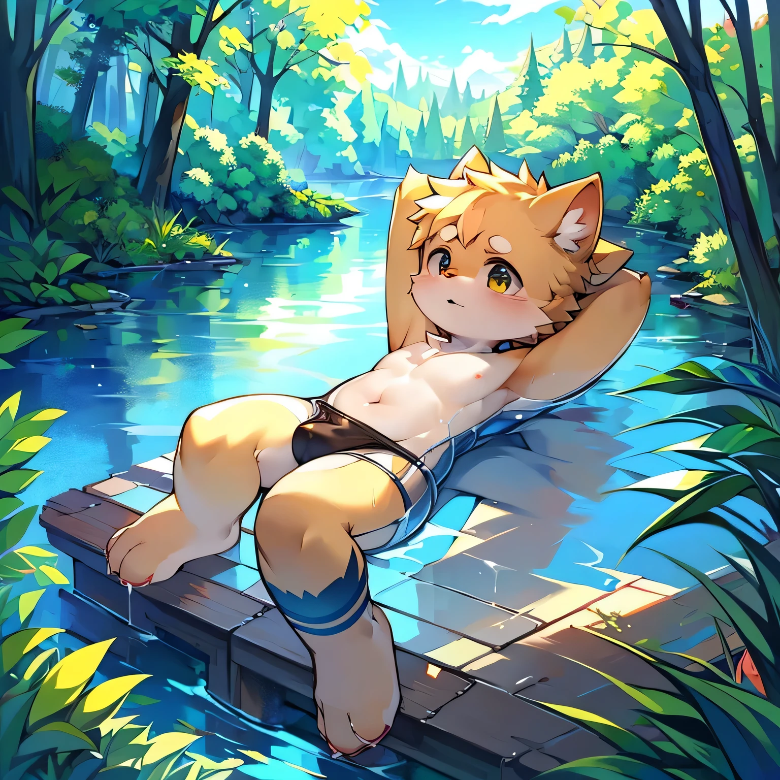 hairy,Shota,swim,(best quality),(masterpiece),Wear only transparent thongs,no shirt,no coat,lying in water,(史无前例的masterpiece),(not a single error)