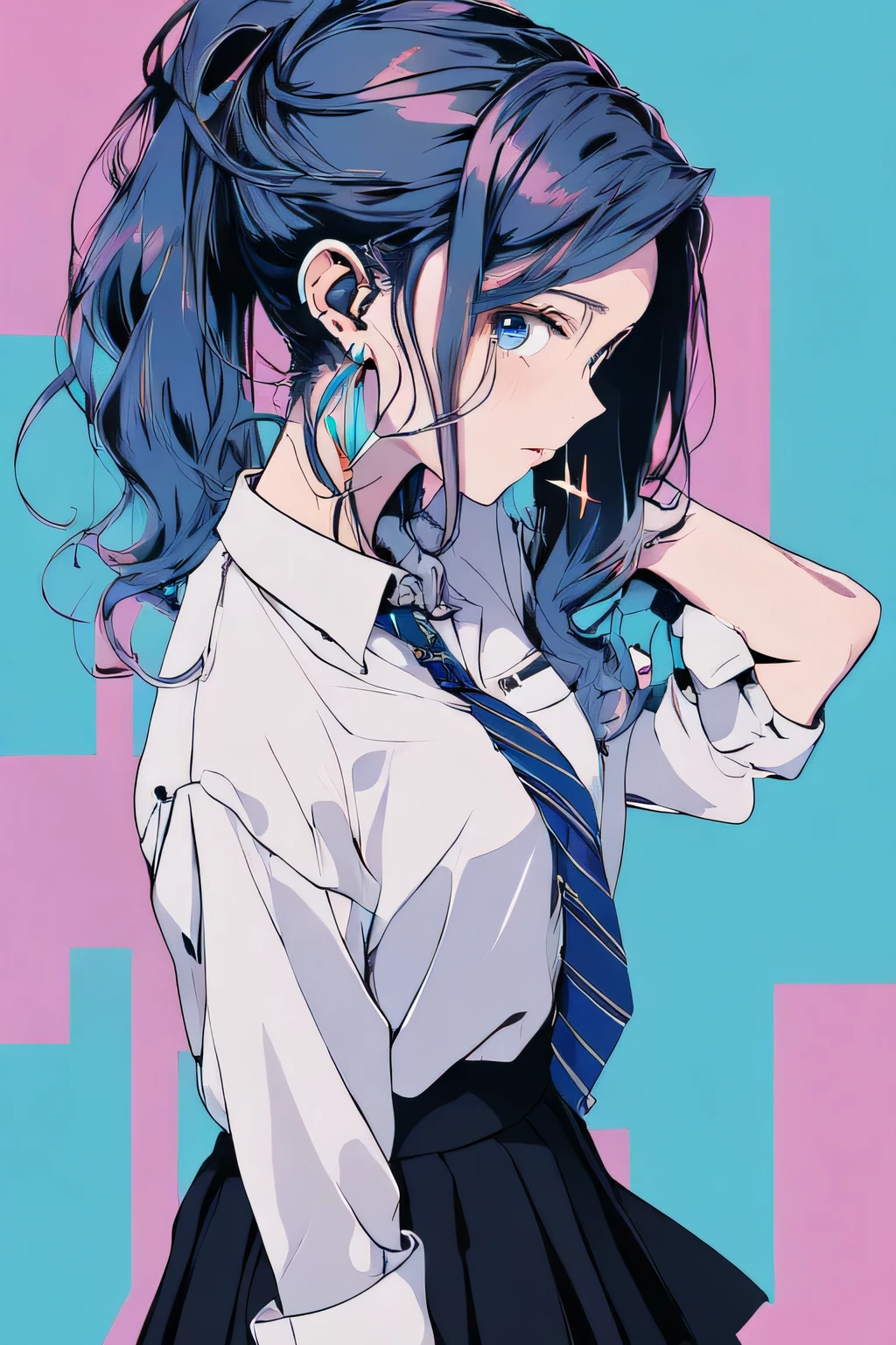 (masterpiece:1.2), highest quality,pixiv,nice,
1 girl, alone, skirt, tie, black hair, long hair, shirt, cyber town background, Blue lighting background, colorful hair, pleated skirt, jewelry, , white shirt, blue hair, black skirt, earrings, earphone,looking at the viewer, collared shirt, From the side, chest, long sleeve, ear earrings, earrings, ponytail, wavy hair, blue eyes