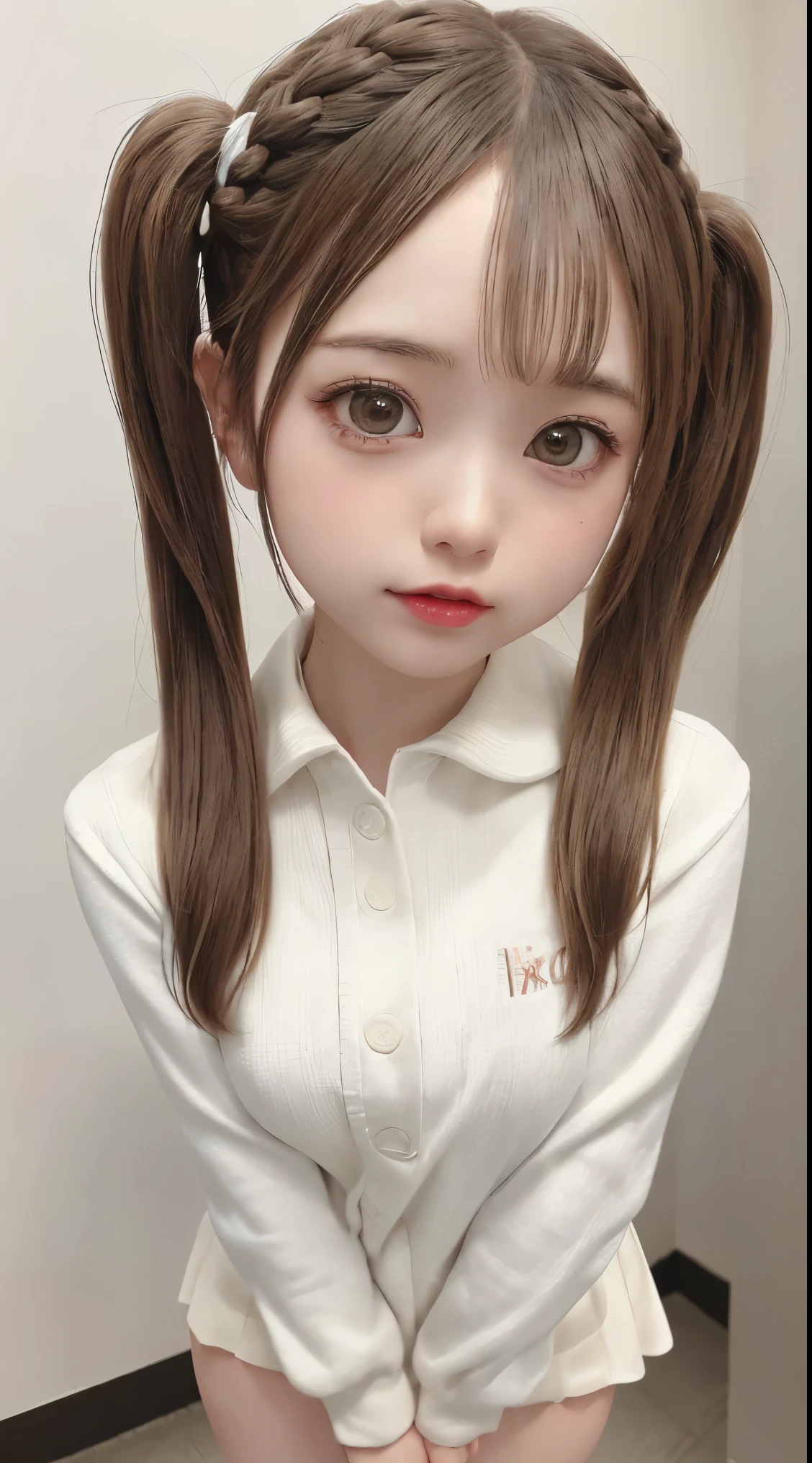 (8K photo quality、ultra high resolution、professional lighting)、K-ON, anime, manga , my, Yui, Asuna, (amazingly cute girl)、((Above knee image))、(Stylish school uniforms with a futuristic feel)、(twin tails)、While braiding my hair、standing position、(natural makeup)、