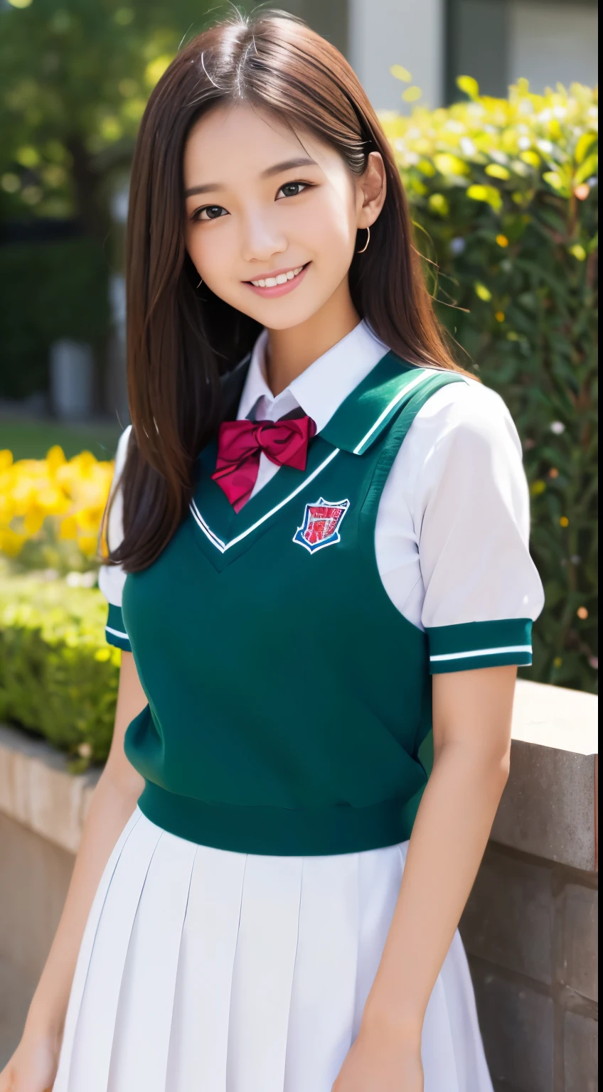 （（top-quality，8K，tmasterpiece：1.3）），Beautuful Women，1 girl in，sixteen years old、The idol-like face is cute:1.3，A slender ：1.1，(Athletics uniforms:1.５), (Whole body :1.2), A smile，Small milk，Long bob hair ，Longhaire、bangss、Super Detailed Face，very detailed lips，The mouth is wide open，Detailed eyes，Charming eyes，二重まぶた、(Super cute face in the style of a Japan idol:1.2),Slender and sexy figure、