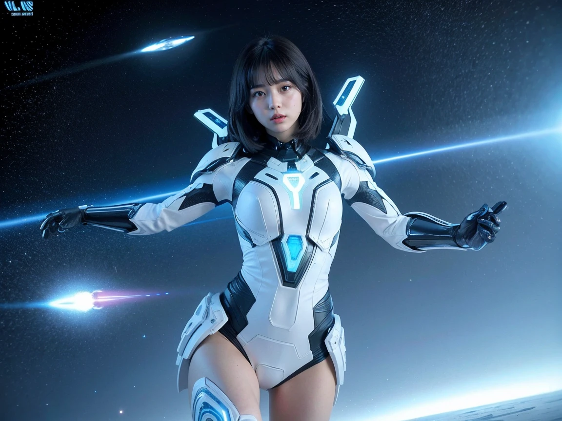 (Raw photo, highest quality), (realistic, Photoreal:1.3), 1 girl、realisticbody、Pleiades space warrior、white and blue battle suit skirt、spaceship coming from space、Battle against reptilian aliens、shield and ray gun、serious expression