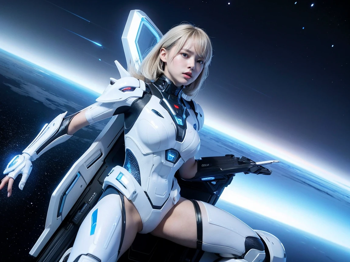 (Raw photo, highest quality), (realistic, Photoreal:1.3), 1 girl、realisticbody、Pleiades space warrior、white and blue battle suit skirt、spaceship coming from space、Battle against reptilian aliens、shield and ray gun、serious expression
