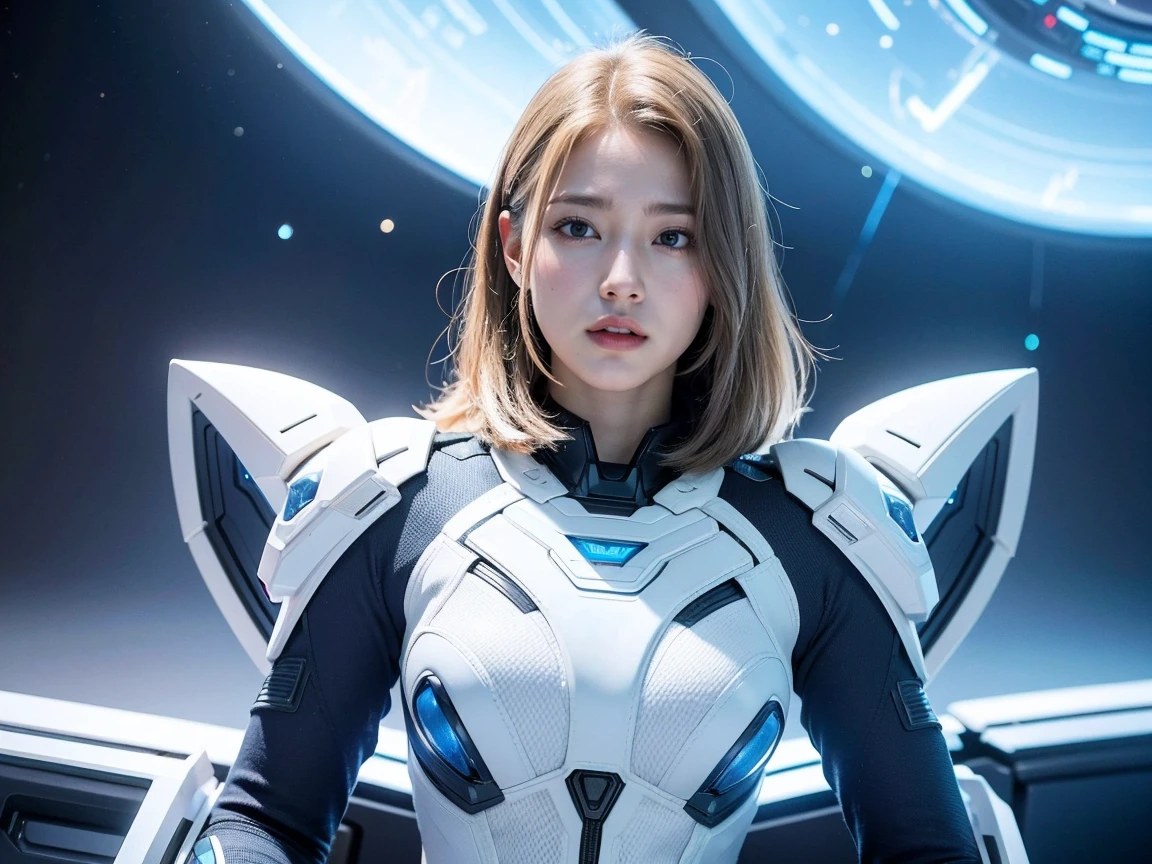 (Raw photo, highest quality), (realistic, Photoreal:1.3), 1 girl、realisticbody、Pleiades space warrior、white and blue battle suit skirt、spaceship coming from space、Battle against reptilian aliens、shield and ray gun、serious expression