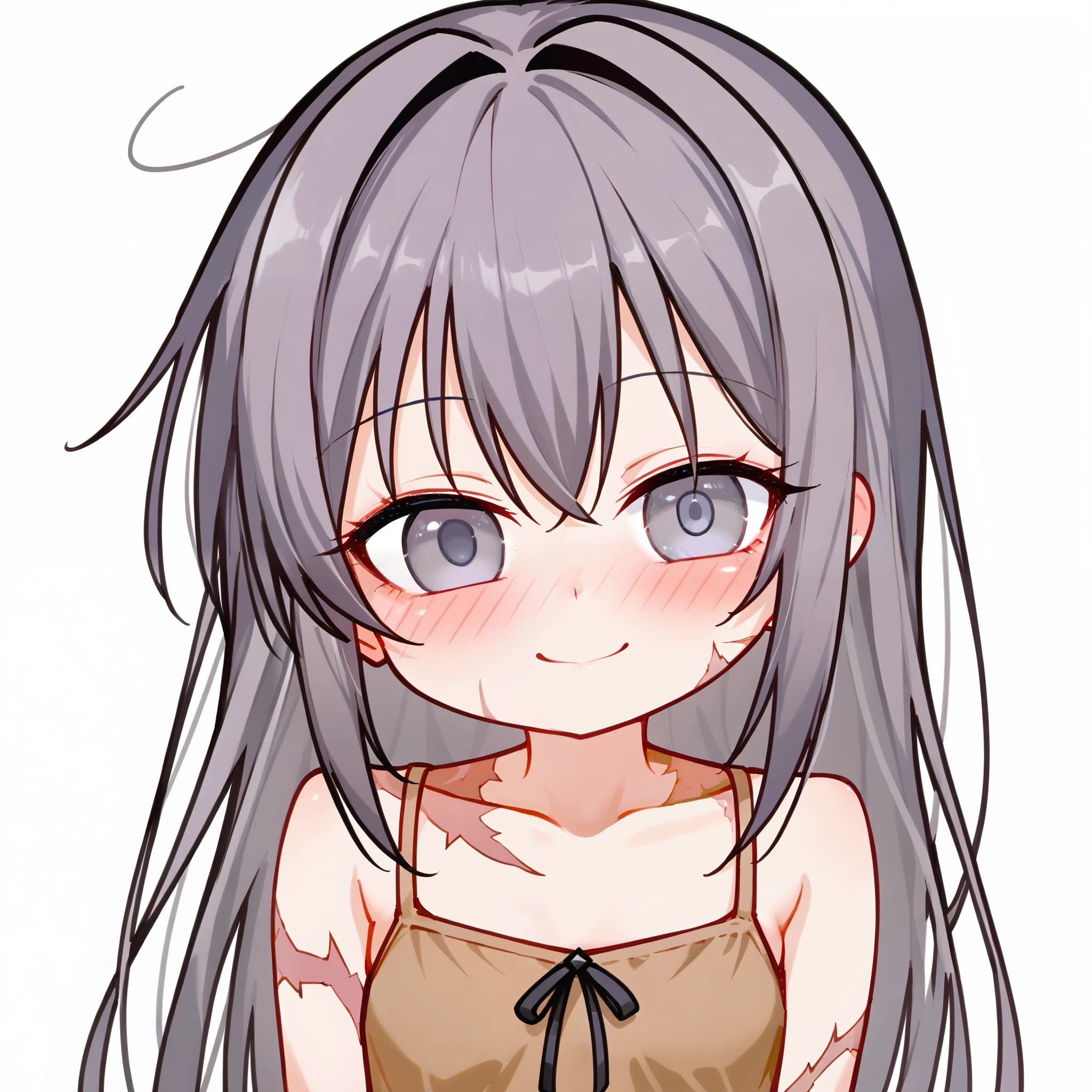 (masterpiece, best quality, absurdres), source_anime, (score_9, score_8_up, score_7_up, score_6_up, score_5_up, score_4_up), chibi avatar, 1girl, solo, small breasts, dark gray hair, long hair, gray eyes, scars, burn scars, small smile, cute smile, blushing, head tilt, watery eyes, brown dress, sundress, upper body, portrait, white background, simple background
