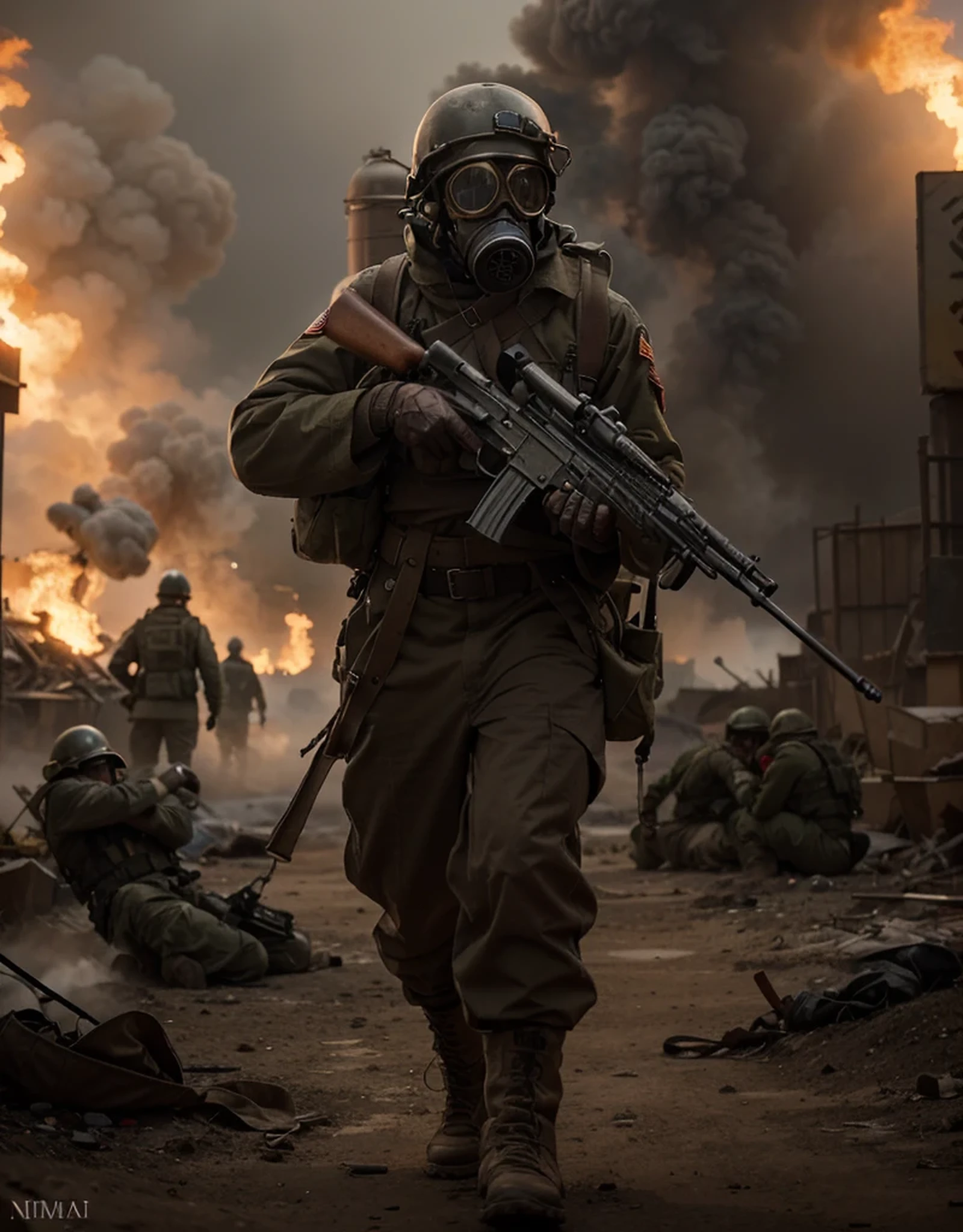 male soldier, gray iron helmet, tactical gas mask, brown Soviet style military uniform with red details, long winter trench coat, oxygen tank on his back, belts with ammunition, military boots, carries a Soviet style assault rifle, is on a in a post-apocalyptic desert, explosions, lots of fire, dead soldiers, ultra detailed, hyper realistic, battlefield, 4k, ultra detailed image, realistic, highly detailed, perfect composition, splendid, intricately detailed, incredibly detailed, Artistic photography in 8K, hyper detailed, Masterpiece