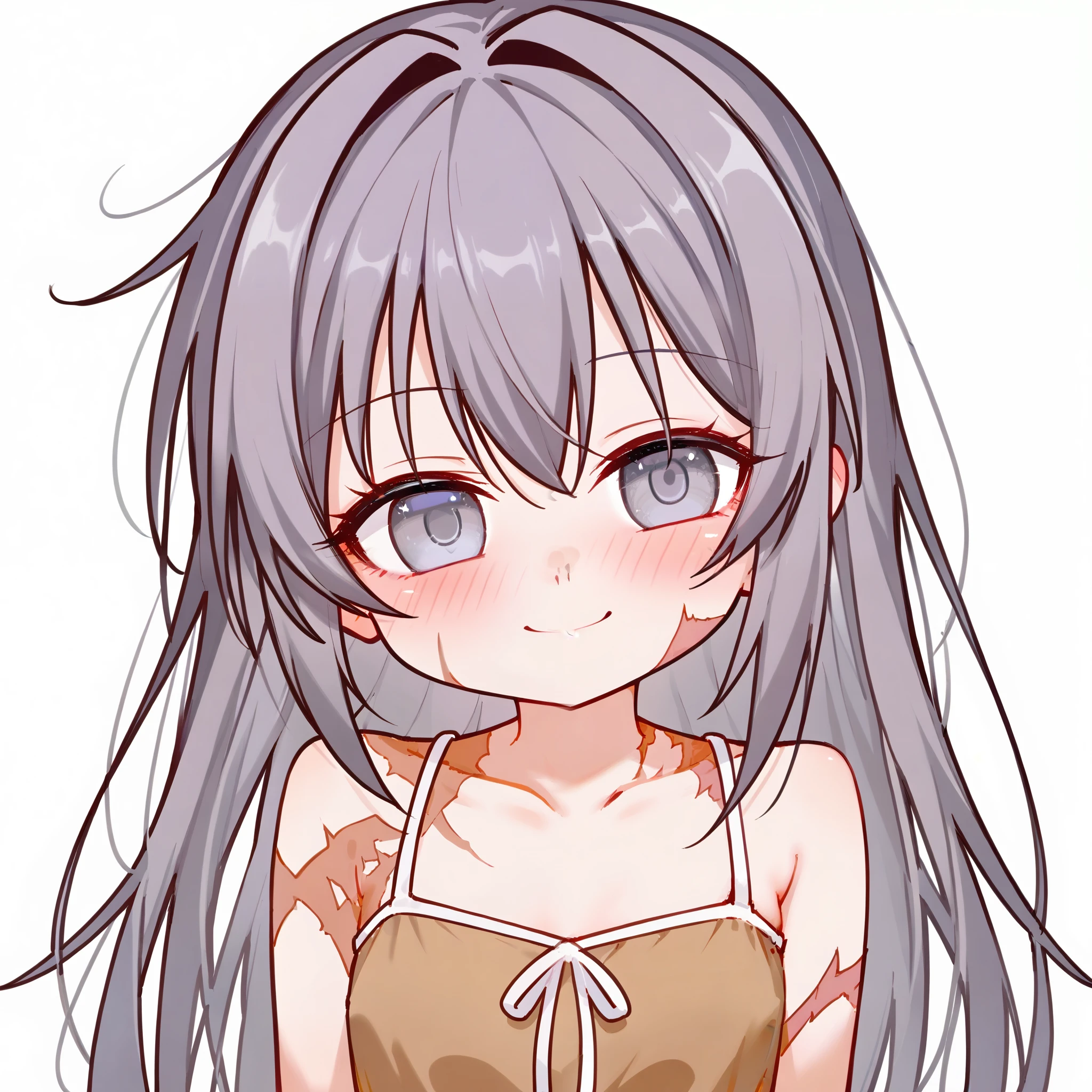 (masterpiece, best quality, absurdres), source_anime, (score_9, score_8_up, score_7_up, score_6_up, score_5_up, score_4_up), chibi avatar, 1girl, solo, small breasts, dark gray hair, long hair, gray eyes, scars, burn scars, small smile, cute smile, blushing, head tilt, watery eyes, brown dress, sundress, upper body, portrait, white background, simple background