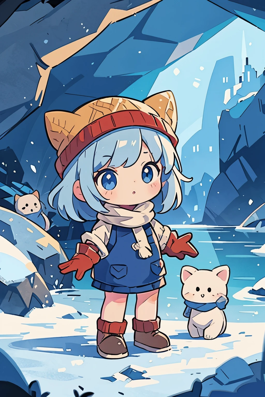 The following scenes will be expressed using chibi girl dolls.（Photoreal、A  takes a commemorative photo in the cave of Vatnajökull Glacier、cute winter clothes、knitted hat、woolen gloves、Right hand up）