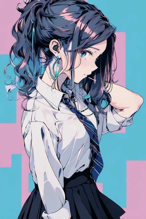 (masterpiece:1.2), highest quality,pixiv,nice,
1 girl, alone, skirt, tie, black hair, long hair, shirt, shopping street background, colorful hair, pleated skirt, jewelry, , white shirt, blue hair, black skirt, earrings, earphone,looking at the viewer, collared shirt, From the side, chest, long sleeve, ear earrings, earrings, ponytail, wavy hair, blue eyes