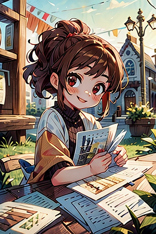 (((masterpiece))),best quality,a lot of paper,girl,smile,outdoor,brown hair,red eyes,town