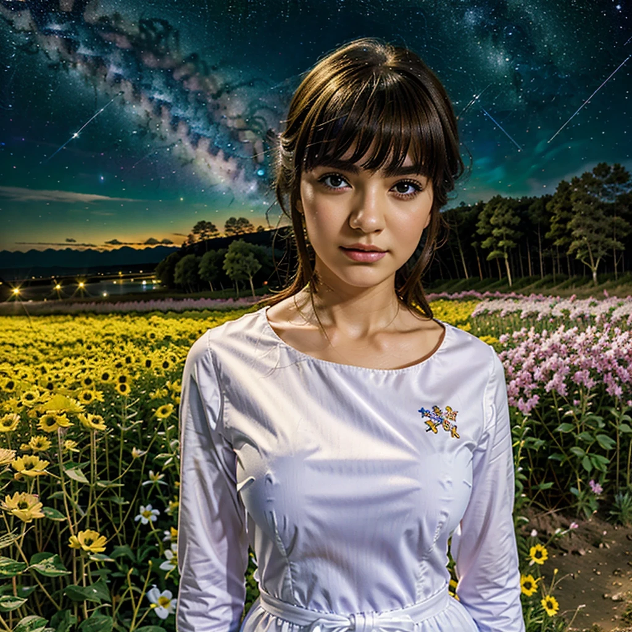 Close-up shot, an Anime  wearing a white glass , standing on the land,night view ,Many stars on the night sky,The Milky Way ,colorful flowers,headshot close-up, oil painting style, very obvious oil painting strokes, impressionist palette style, 32k uhd, beautiful, booru, Old time, color cartoon --ar 3:4 --