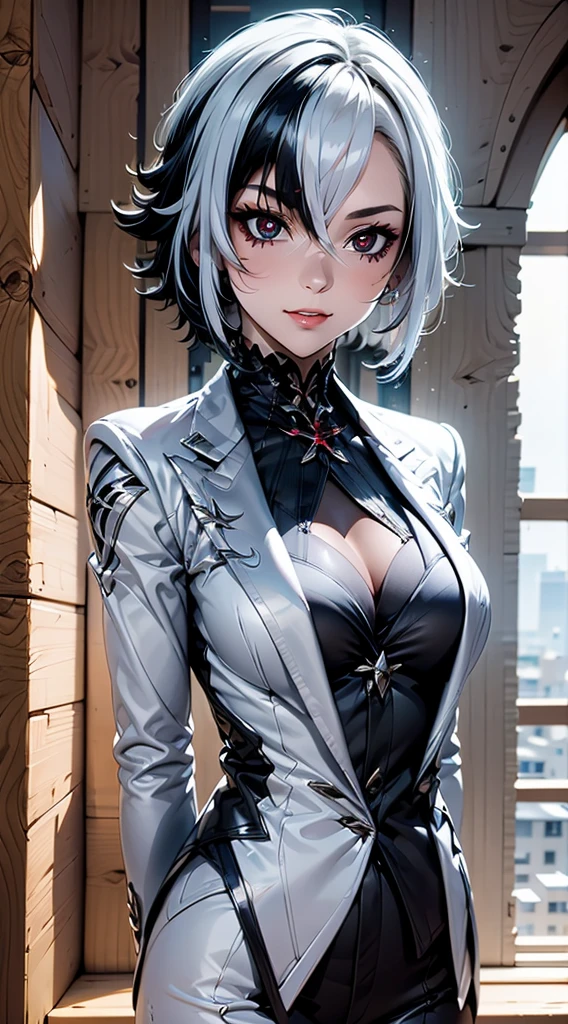 1girl, solo, white hair, black hair, multicolored hair, x-shaped pupils, black eyes, arle_suit
