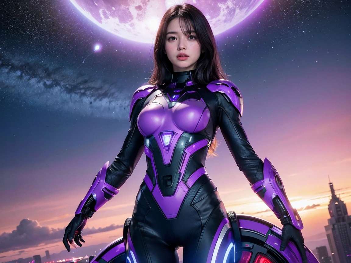 (Raw photo, highest quality), (realistic, Photoreal:1.3), 1 girl、realisticbody、purple battle costume、Meteor warrior flying from space、Battle against reptilian aliens、bounce laser with shield、smile