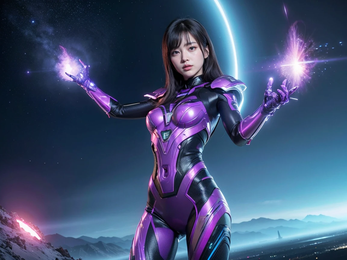 (Raw photo, highest quality), (realistic, Photoreal:1.3), 1 girl、realisticbody、purple battle costume、Meteor warrior flying from space、Battle against reptilian aliens、bounce laser with shield、smile